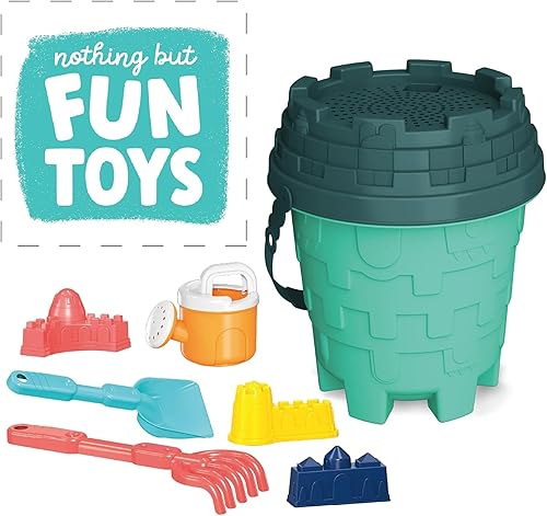 Miniatura 7 de Nothing But Fun Toys Splash N' Dig - Juego de arena para playa y agua, cubo, 3 juguetes de molde de castillo, tamiz, rastrillo, pala, cubo de riego,