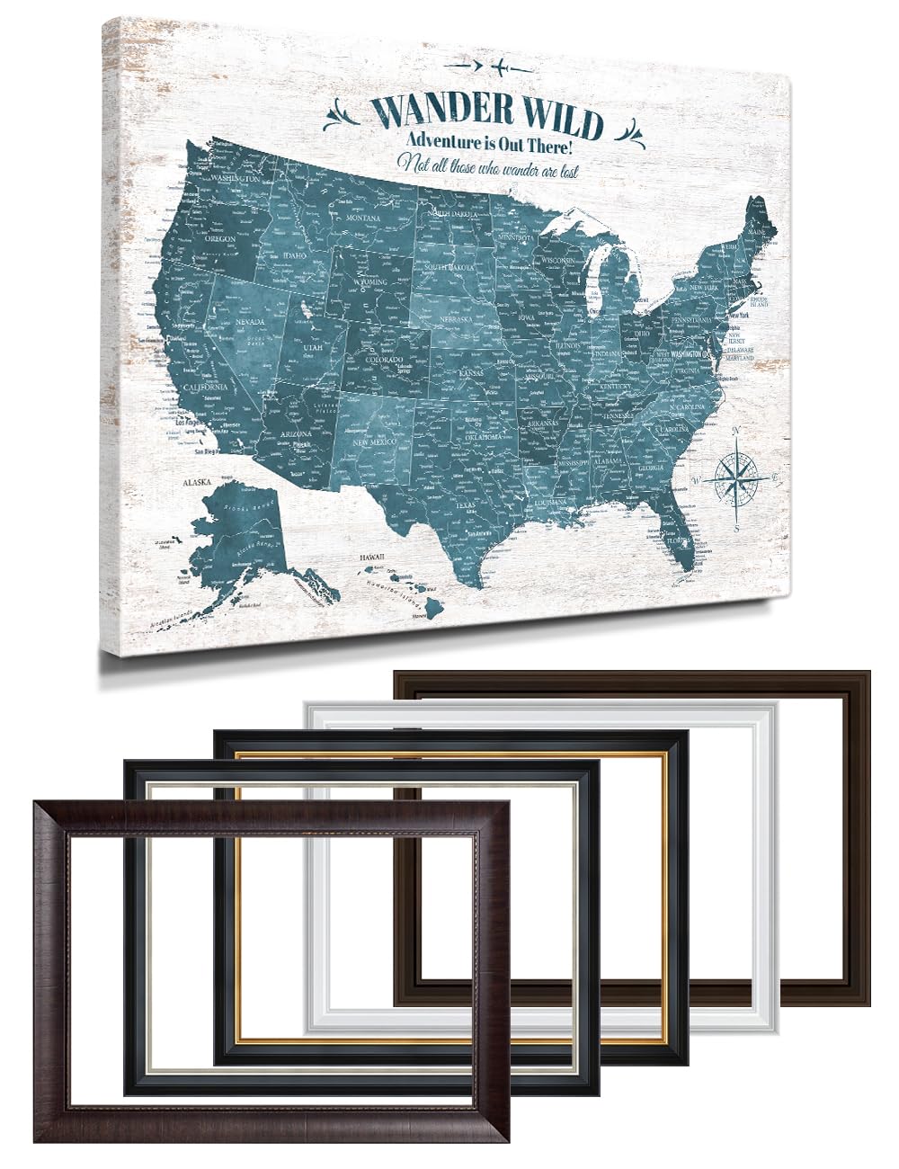 IPIC Personalized Vintage Teal Framed USA Map Pin Board, Size 40x30 in