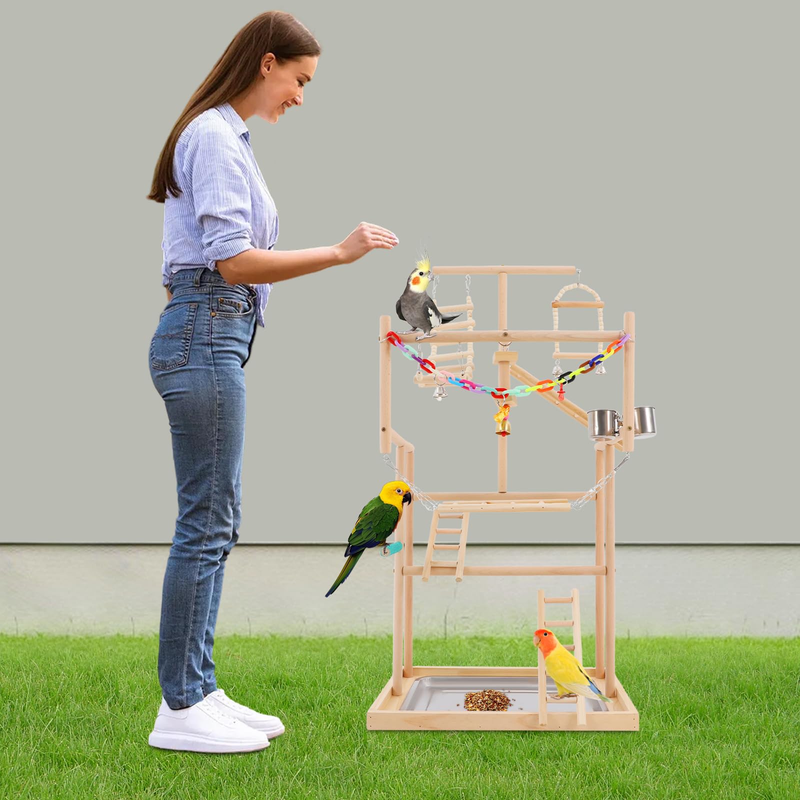 Parco giochi per pappagalli in legno di faggio con fodera in acciaio inox e posto in piedi per animali domestici, giochi di uccelli, parco giochi ondulati, 48 x 33,5 x 94,5 cm