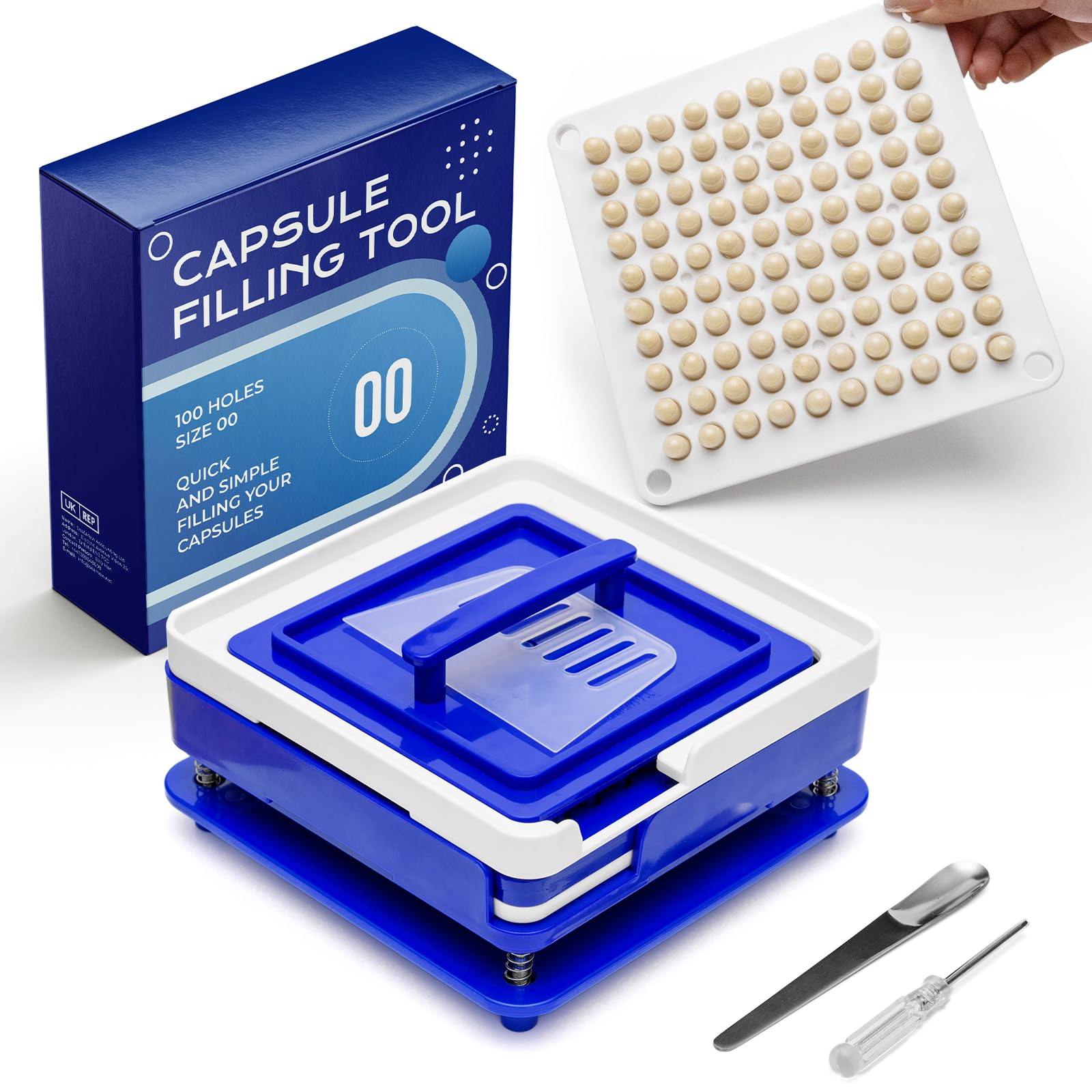 Empty Capsule Filling Machine Size 00 (100 Holes), Capsules Filler with Detailed Instructions, Spoon and Filling Tool, Manual Capsule Filling Machine Compatible with Empty Capsules (Size 00)