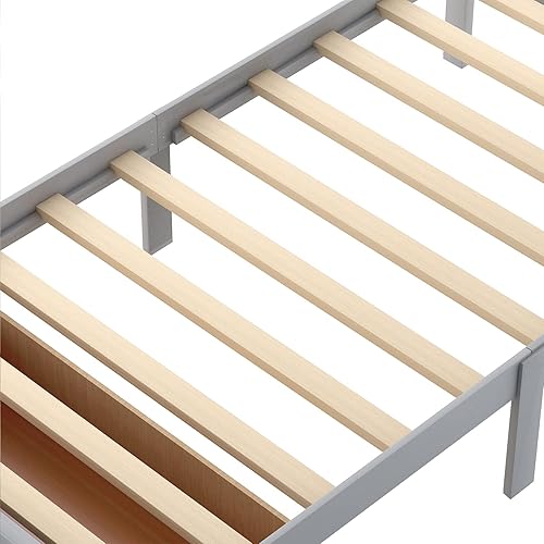 Miniatura 5 de Base de cama de plataforma de tamaño individual con cajón debajo de la cama, soporte de listones de madera, marco de cama de madera de pino maciza,