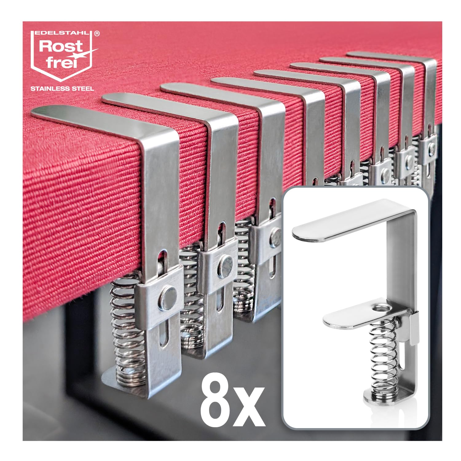 com-four® 8X Pinza para Mantel de Primera Calidad Fabricada en Acero Inoxidable - Pinzas para Mesa con Resorte para mesas con un Grosor de 2,7-5,5 cm - Pinza para Mantel a Prueba