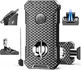 5-in-1 Torch Lighter with Cutter, Punch, Holder, and Draw Enhancer Tool, Adjustable Dual Jet Flames, Trendy Gift for Men, Refillable Butane Lighter, Rechargeable Lighters for Candle, Travel Outdoors