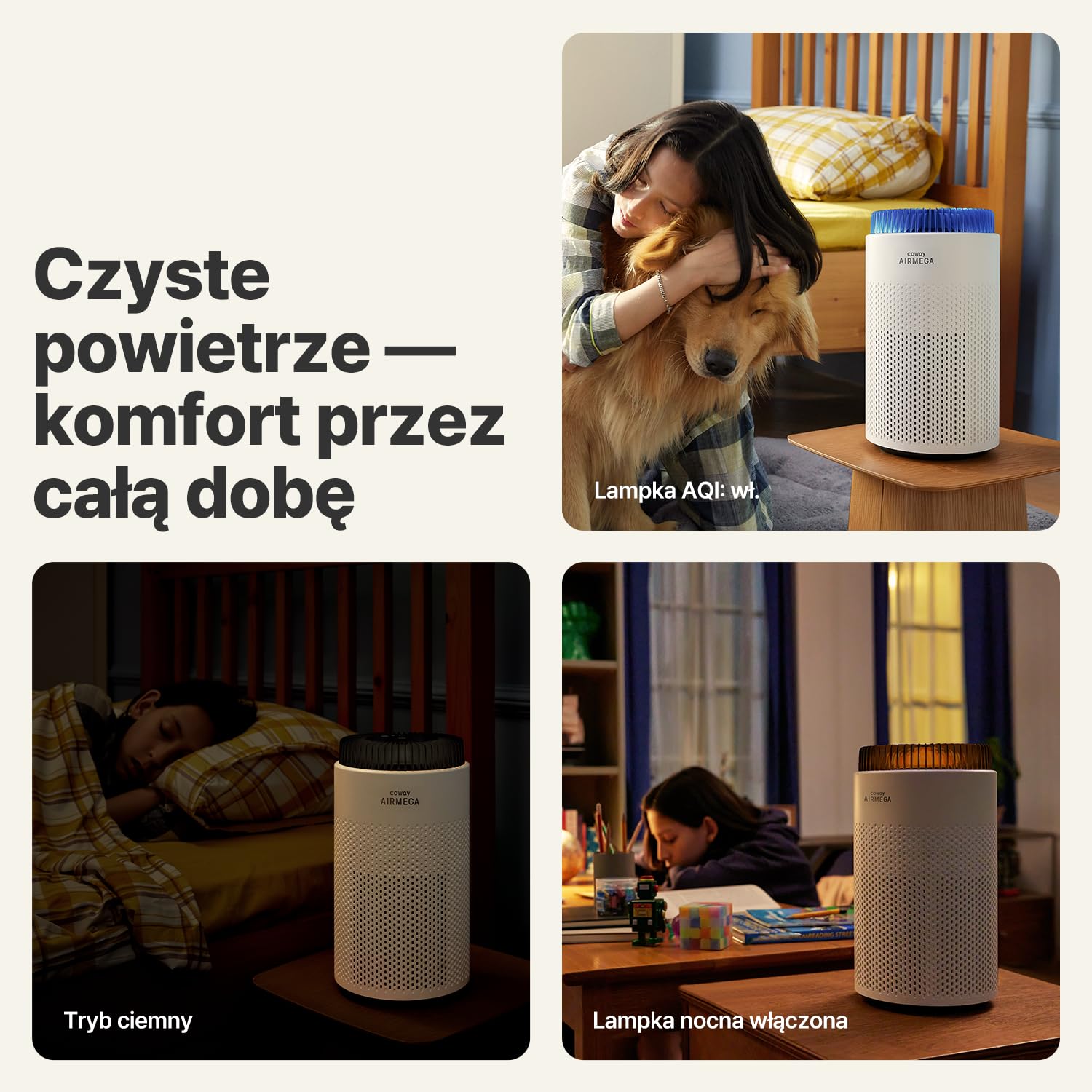 Coway Oczyszczacz Powietrza HEPA do Sypialni, CADR 120 m³/h, Usuwa 99,999% cząstek do 0,01 µm, Tryb Cichy 18,4 dB, Alergia, Kurz, Pyłki, Dym, Sierść, Zapachy, Pleśń – Airmega 50