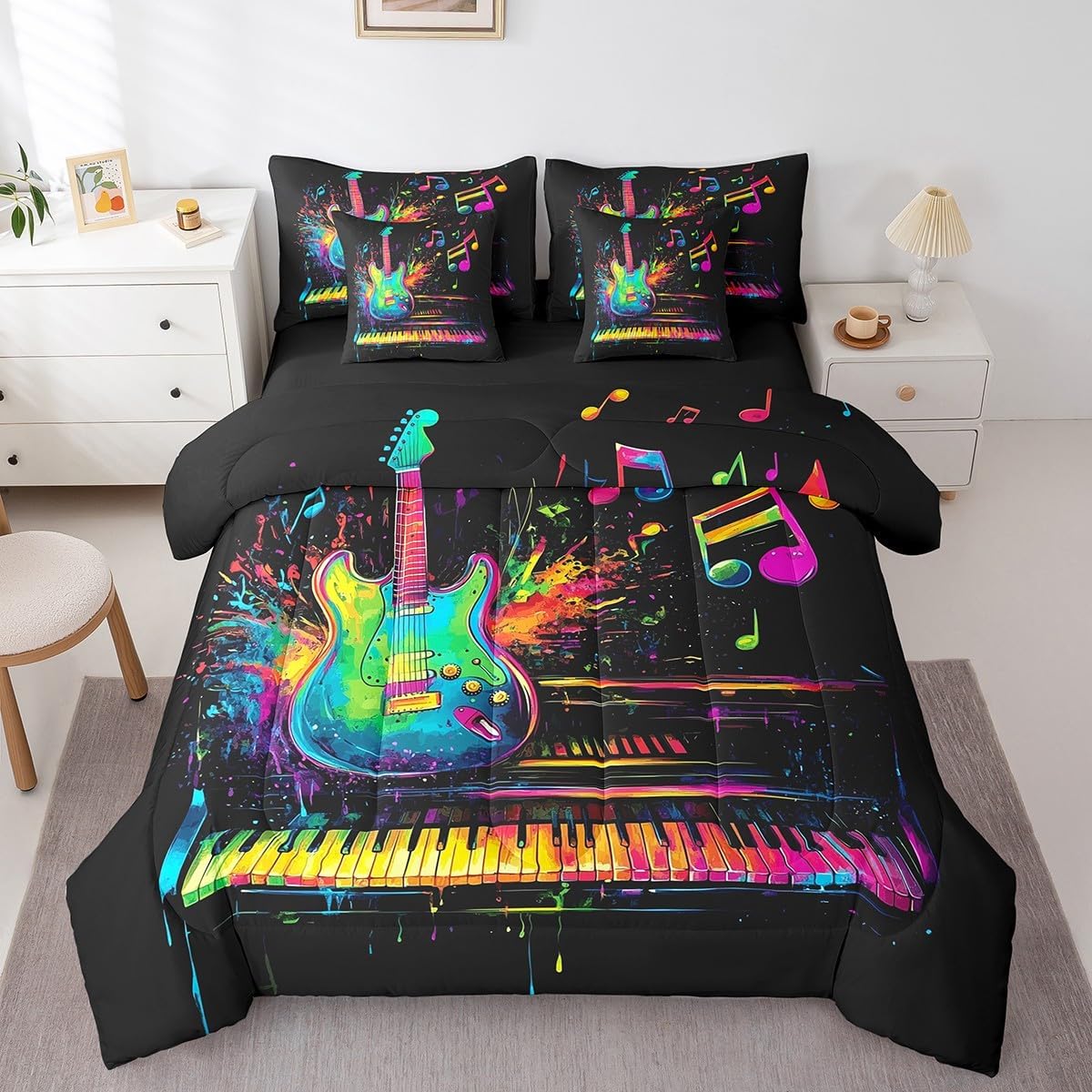 Castle Fairy Neon Guitar Piano Comforter Set for Room Decor,Artistic Music Notes Bedding Set Queen Size 7 Pcs,Watercolor Neon Tie Dye Bed in a Bag with Comforter, Sheets, Pillowcases & Cushion Cover