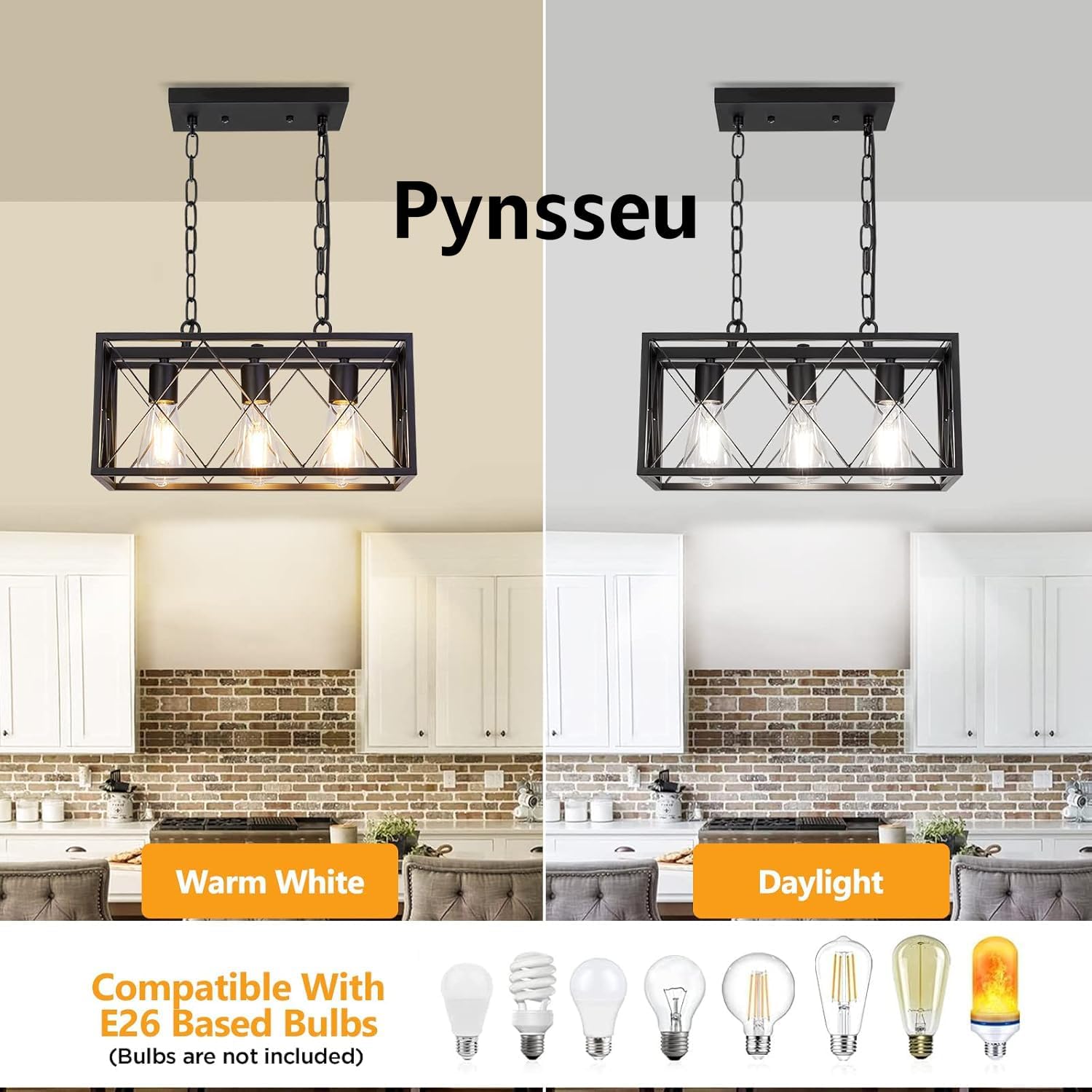 Pynsseu Industrial Kitchen Island Pendant Lighting, Rectangular Vintage Rustic 3-Light Hanging Pendant Light Fixtures for Kitchen Farmhouse, Bar, Dinning Room