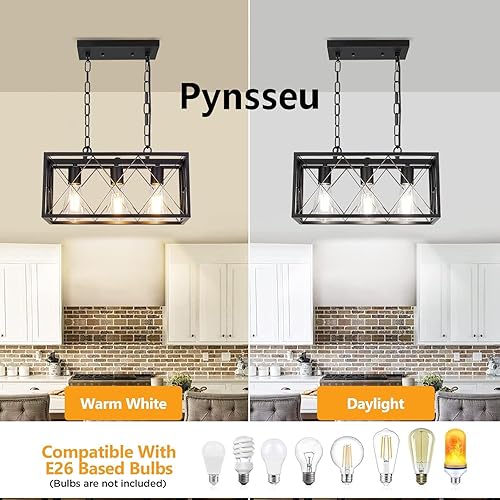 Miniatura 3 de Pynsseu - Iluminación colgante para isla de cocina industrial, rectangular, estilo vintage rústico, lámpara colgante de 3 luces, para cocinas de