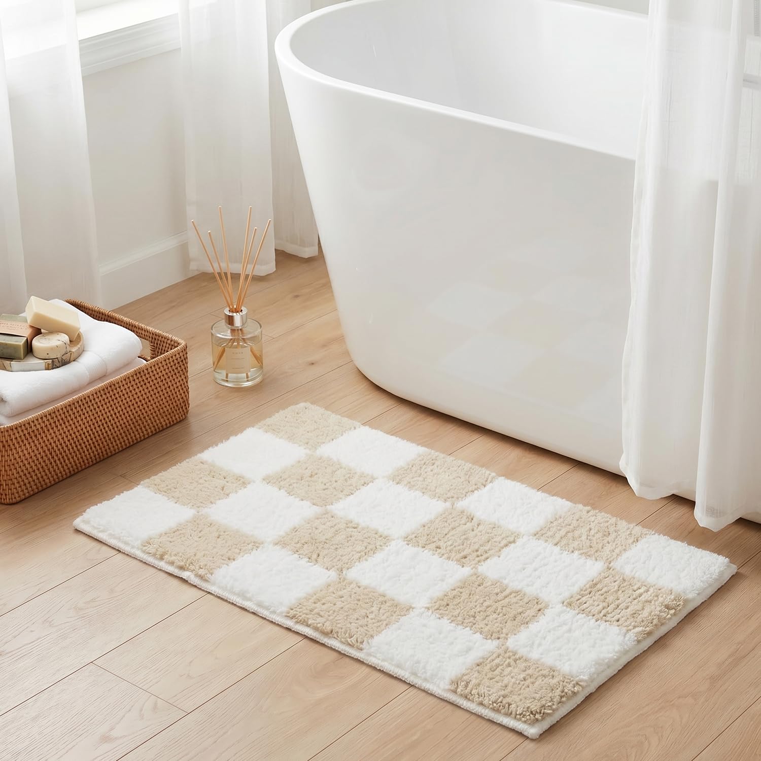Tititex Luxus Creme Weiß Gemusterter Badezimmerteppich, 50,8 x 81,3 cm Klassisches Schachbrett Extra Weich und Saugfähig Mikrofaser Badematten, Rutschfest Plüsch Flauschig Badteppich für