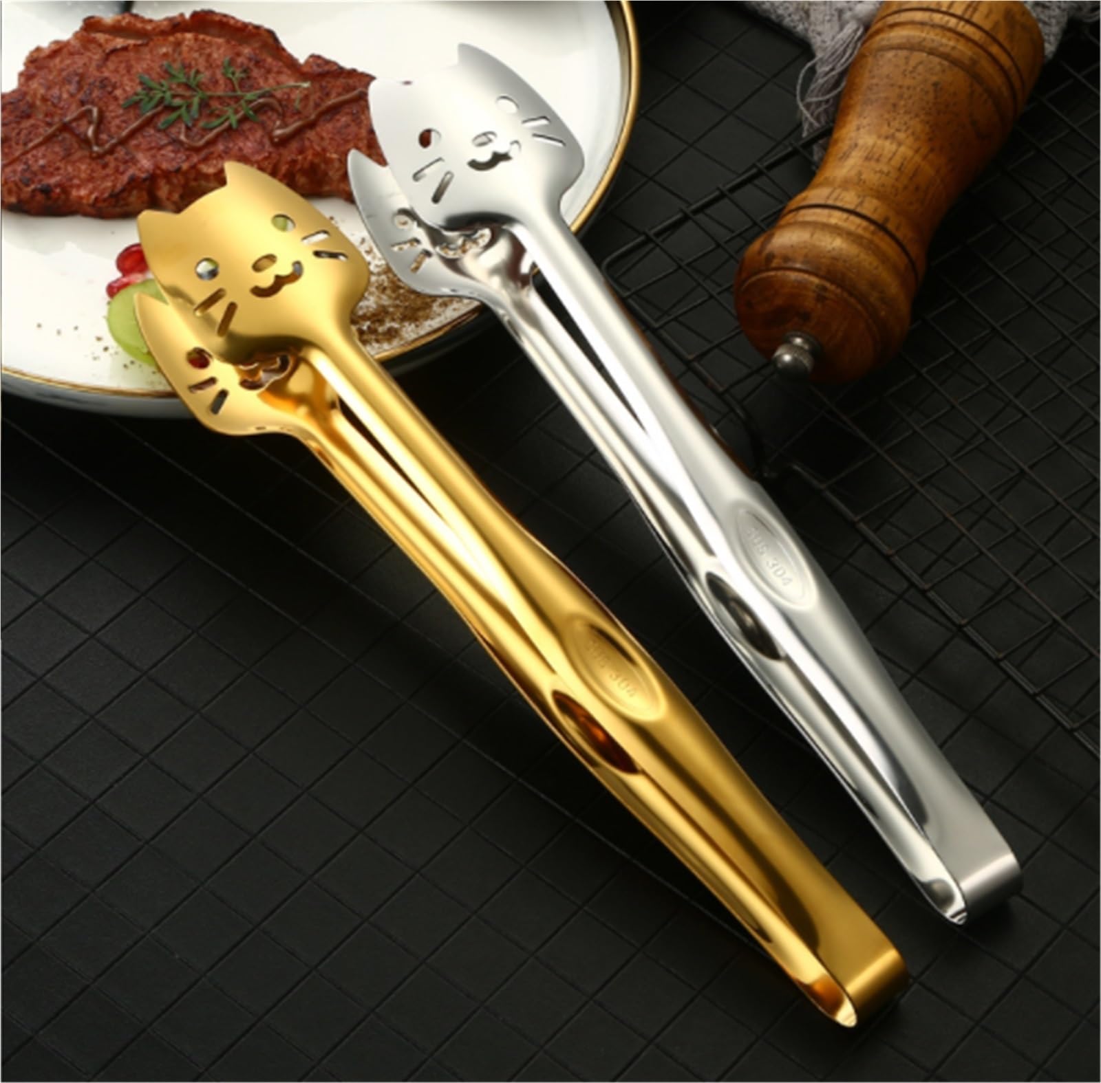 Szczypce Kuchenne Gotowania Szczypce Do Grilla Ze Stali Nierdzewnej Do Mocowania Żywności. Samoobsługowy, Antypoślizgowy Uchwyt Szczypce Do Grillowania(Gold)