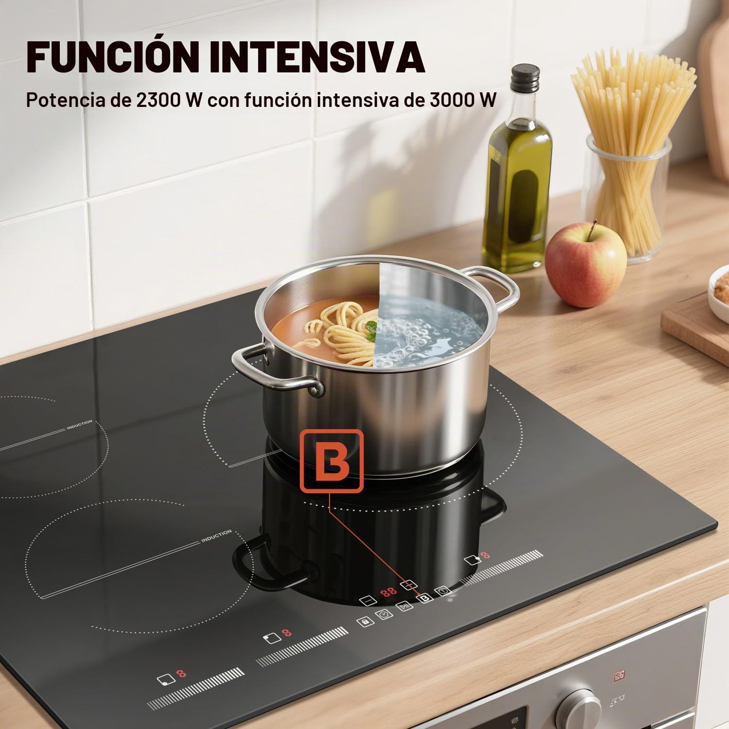Placa de Inducción 3 Fuegos DELITEER, Placa Autoportante 60 cm, 6500W | Regulación Independiente, Gran Zona de Calentamiento 28cm, Bloqueo de Seguridad, Temporizador, Pausa, 220V~240V, Sin Enchufe