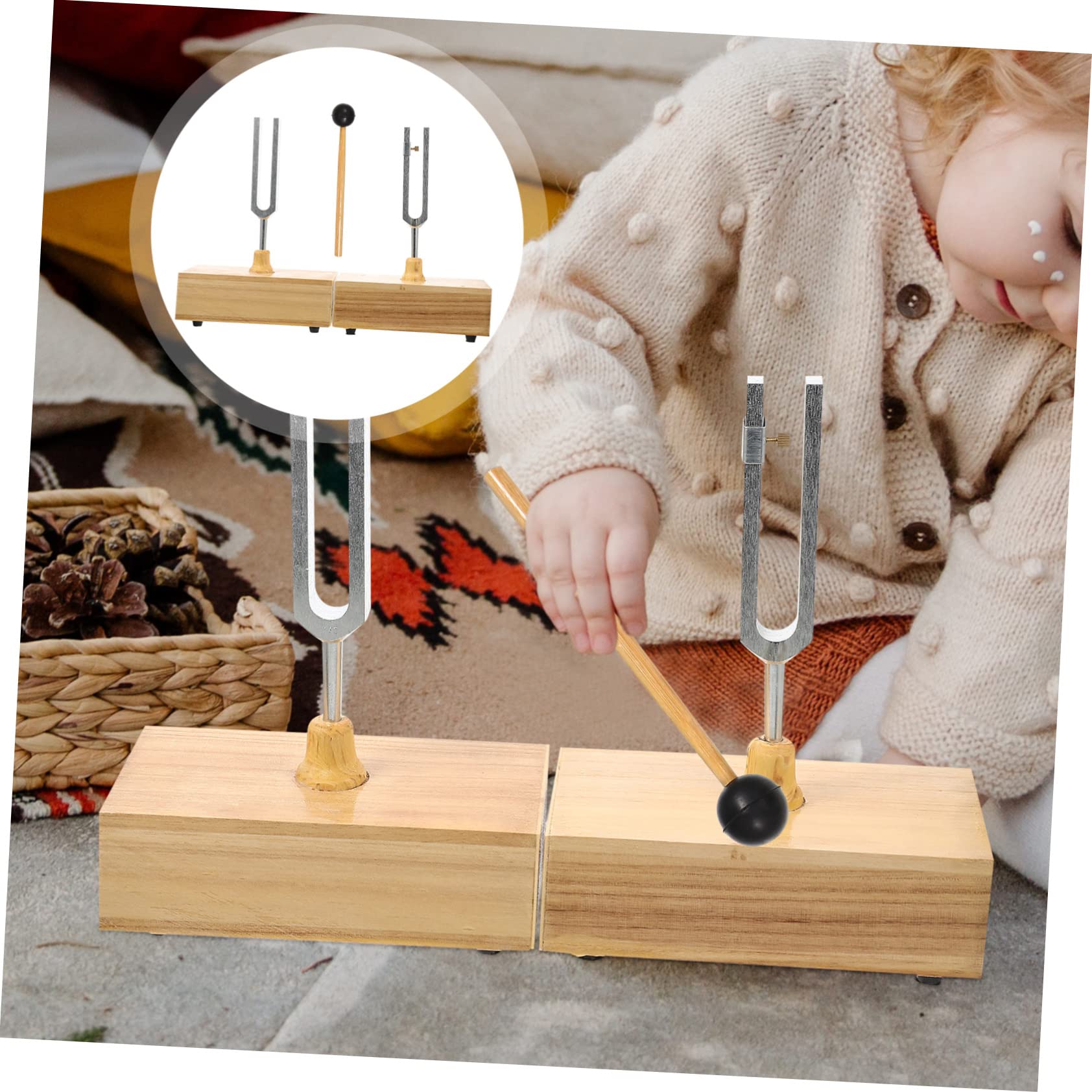 Stimmgabel Satz 440hz für Physikalische Experimente mit Holzsockel | 1 Satz mit Hammer, Metall und Holz, Klare Tonhöhe, Verstellbar, für Physikversuche