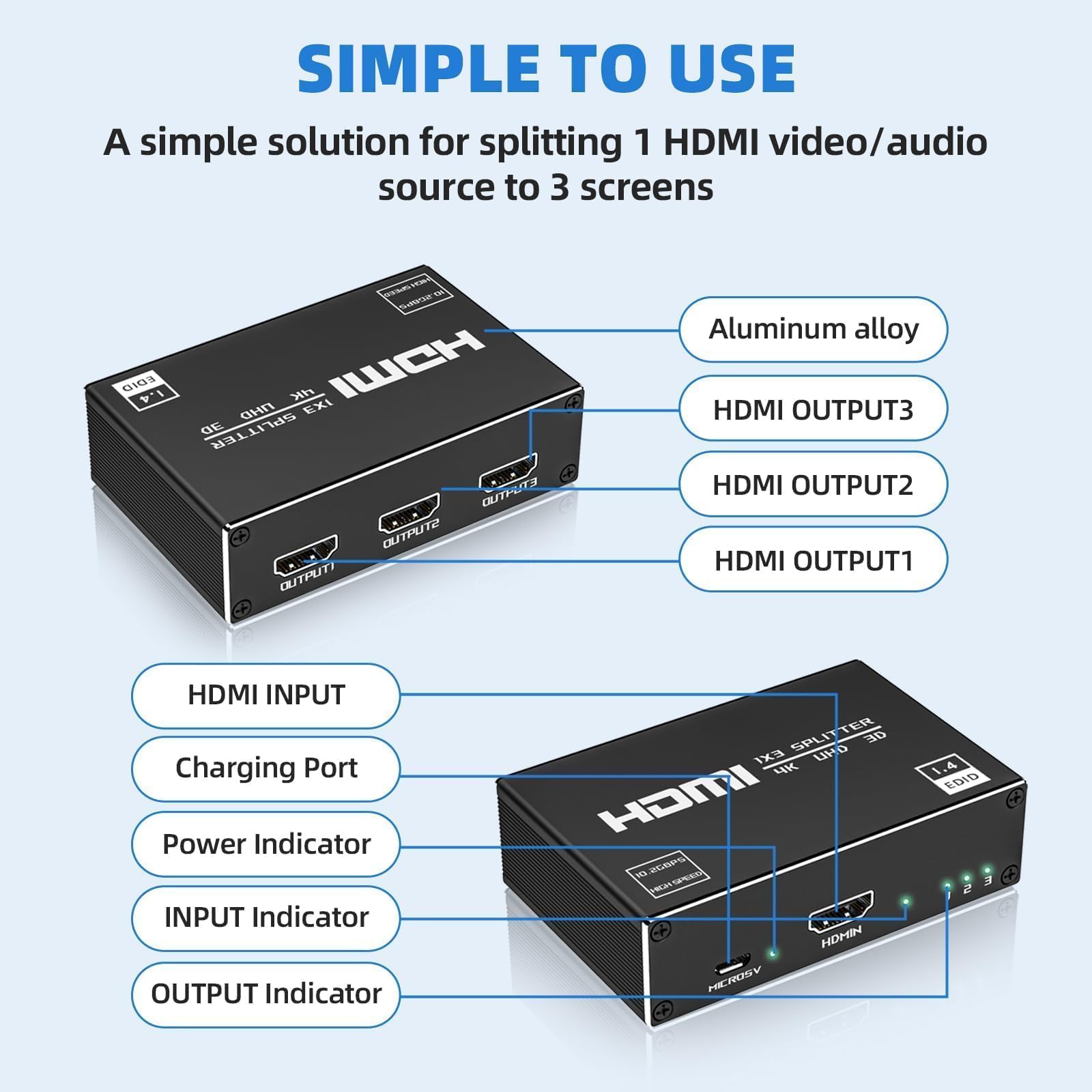HDMI Splitter 1 in 3 out 4K sdoppiatore HDMI per 3 monitor HDCP 3D UHD 1080P compatibile con Laptop PC DVD HDTV console di gioco