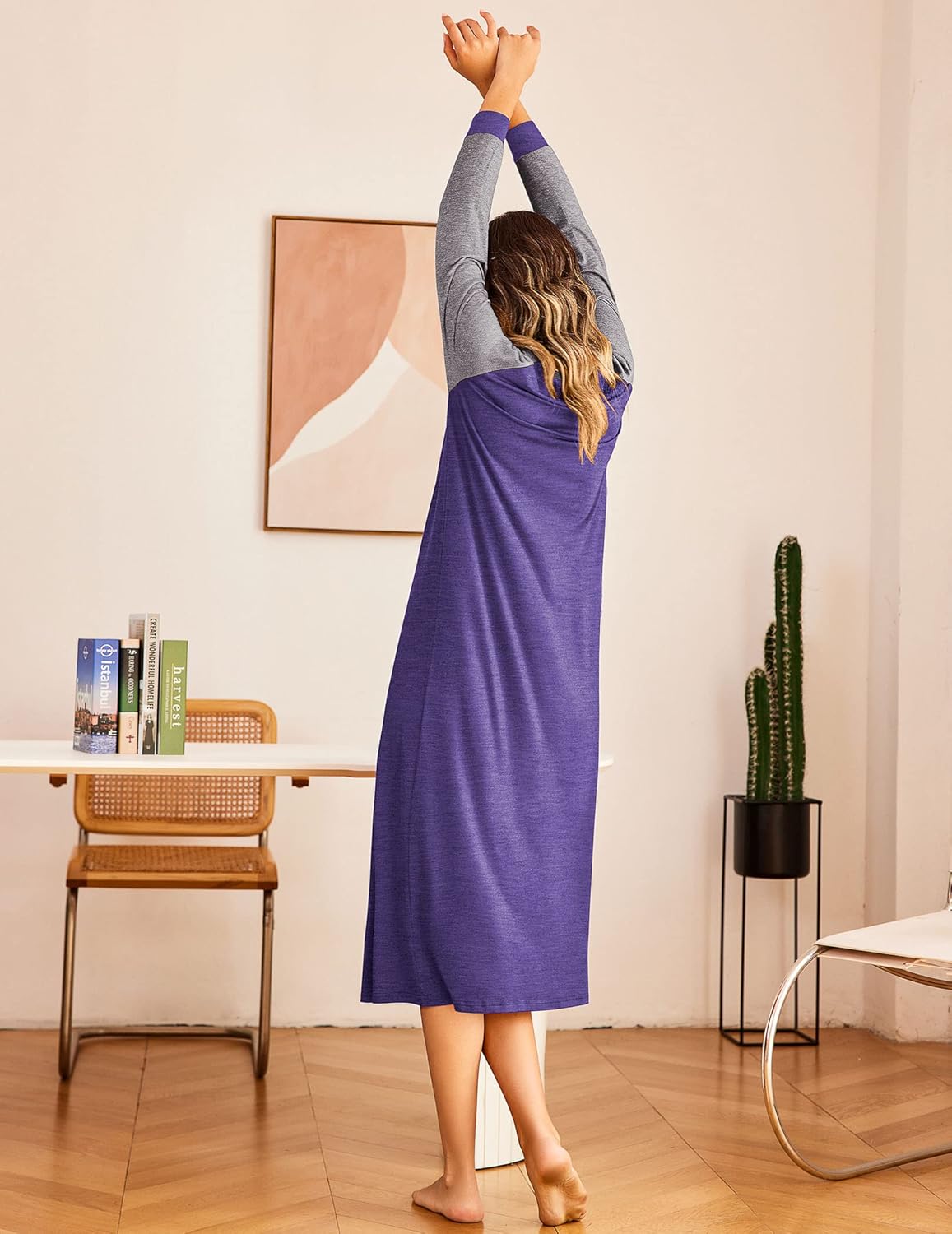 Ekouaer Nightgown Long Sleeve for Women Sleepwear V Neck Loungewear Button Full Length Nightshirt - Image 3