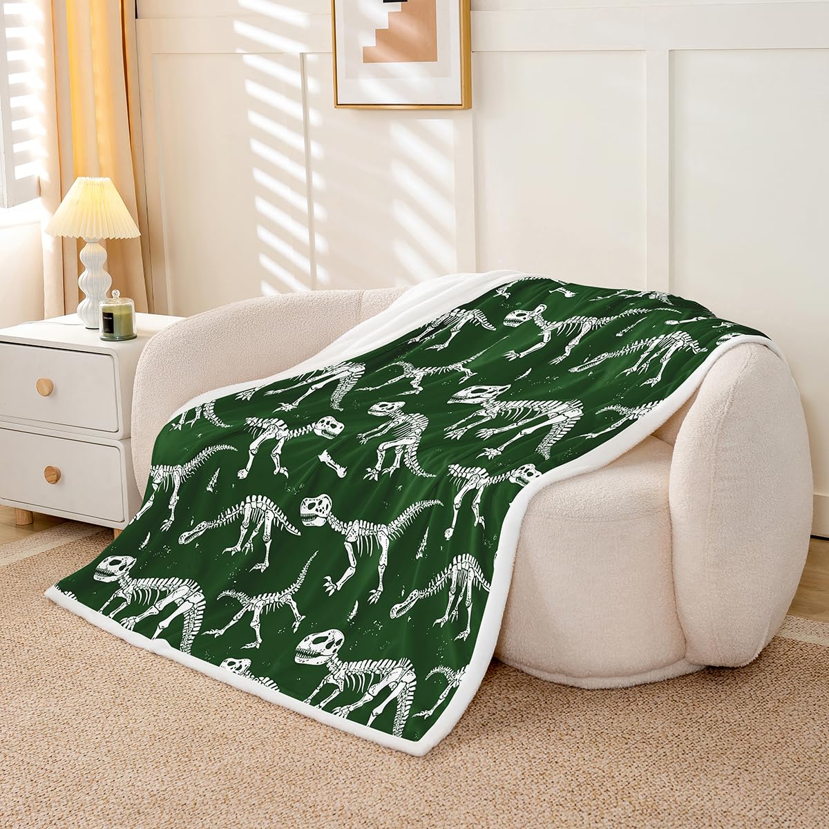 Erosebridal Manta Sherpa de dinosaurio fósil para niños, bebés y jóvenes, serie de animales antiguos, forro polar gótico de esqueleto, decoración de habitación de niños y niñas, ultra suave, manta de