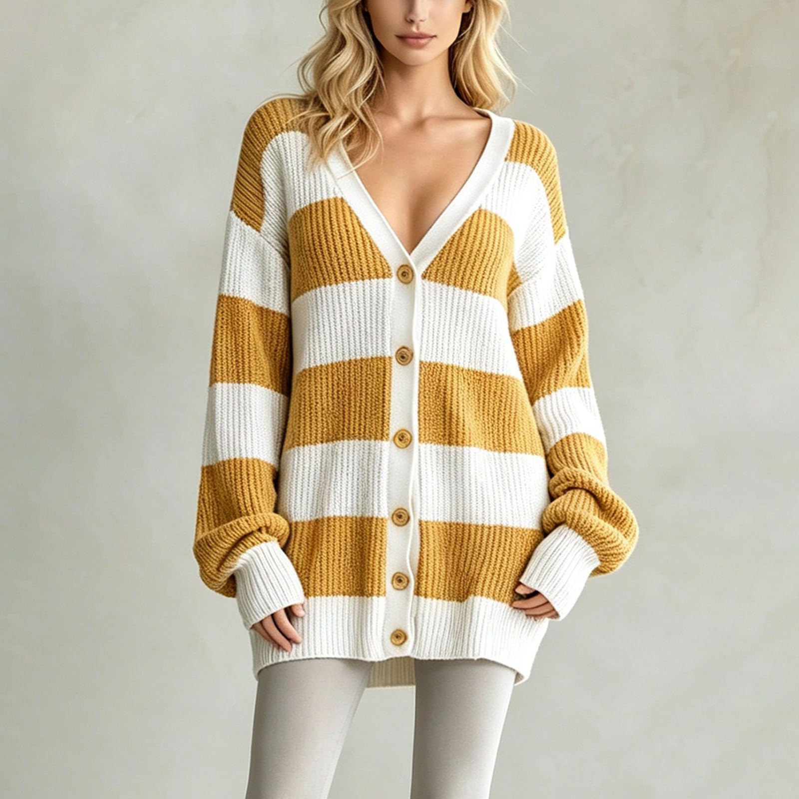 Generisch Cardigan da donna a righe, scollo a V, maniche lunghe