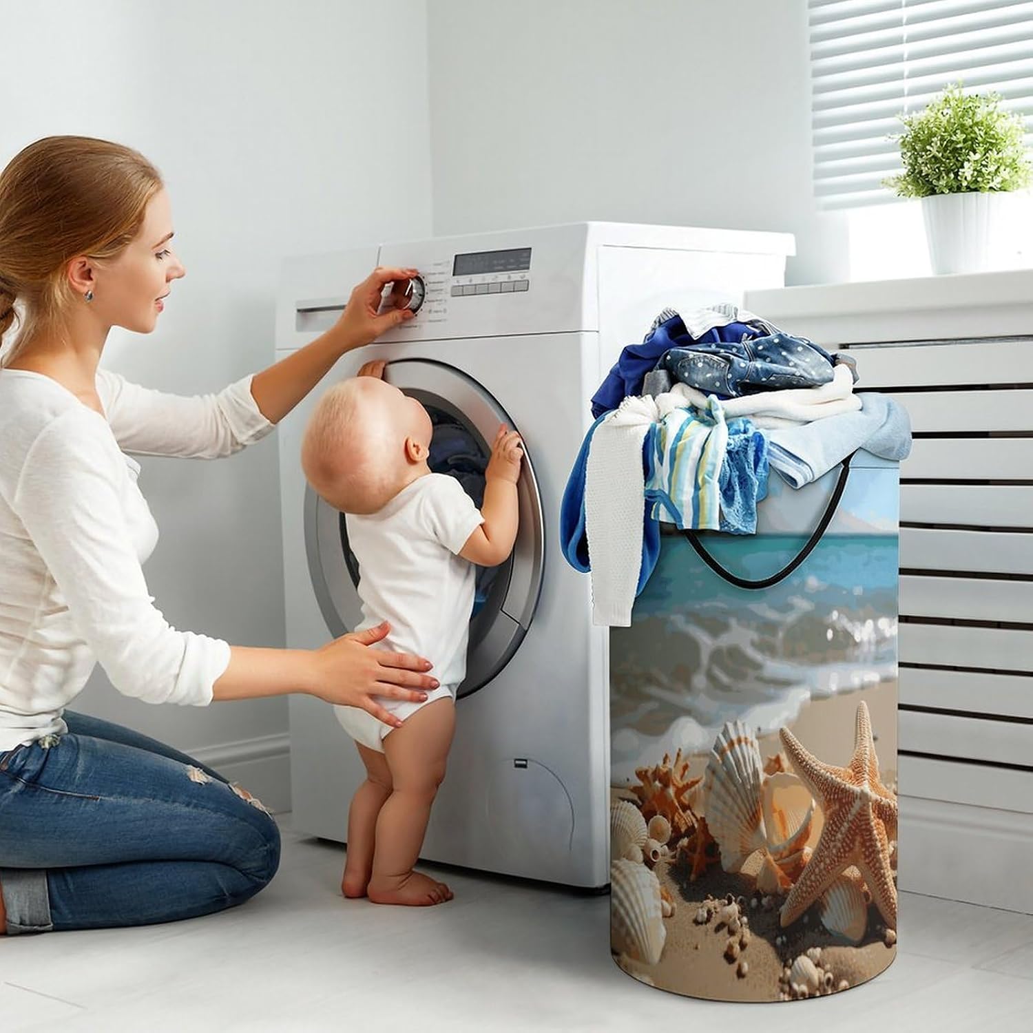 Seashells Starfish on Beach Laundry Hamper with Handles Large Collapsible Laundry Basket Waterproof Freestanding Dirty Clothes Basket Portable Clothes Hamper for Bathroom Bedroom Daily Use