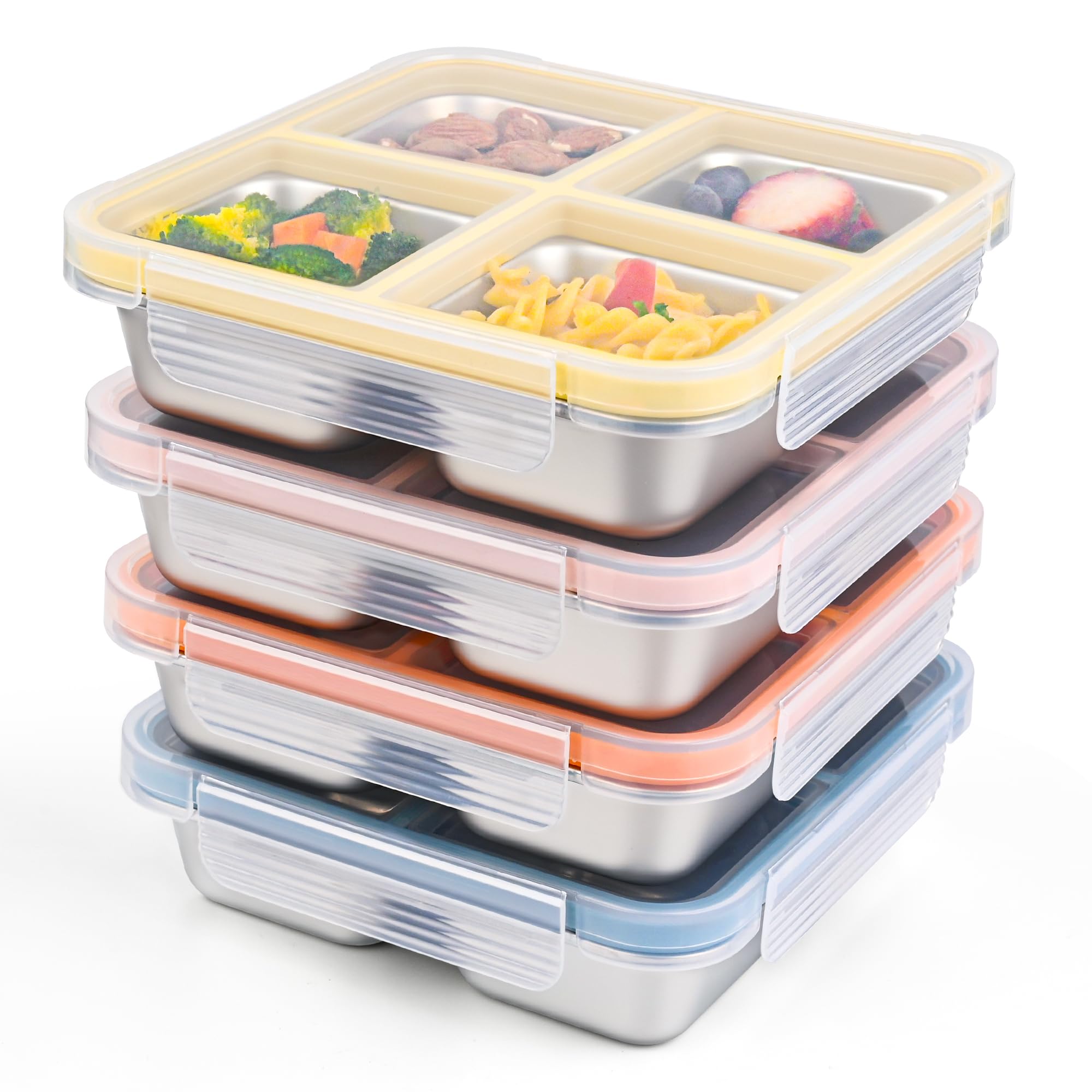 4 Pack Stainless Steel Snack Containers with Lids, Leakproof 4 Compartment Bento Lunch Bo…