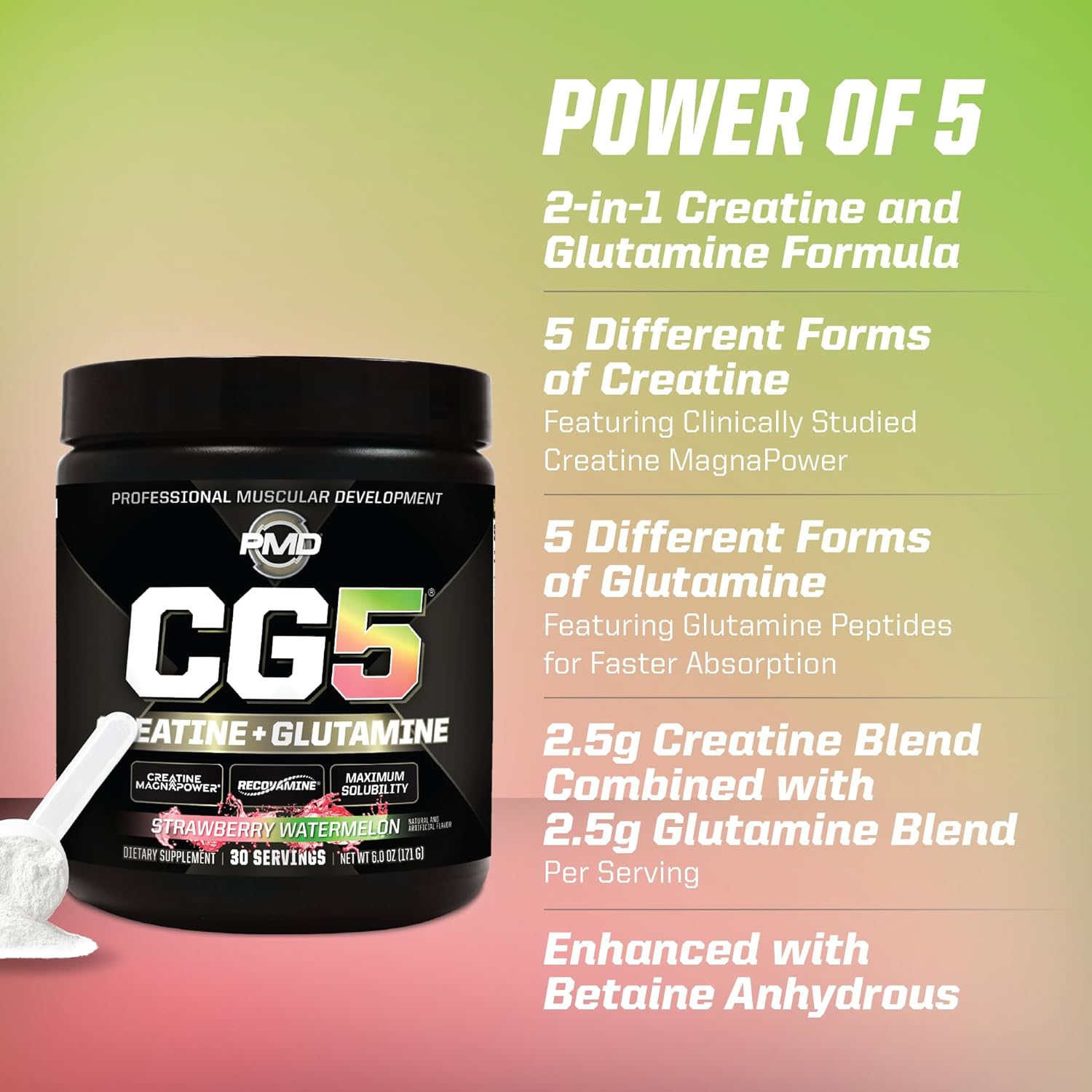PMD Sports CG5 Premium Creatine & L Glutamine Powder, Power Recovery, Build Lean Muscle, Increase Workout Performance, Maximum Strength Pre Workout & Post Workout, Strawberry Watermelon, 30 Servings