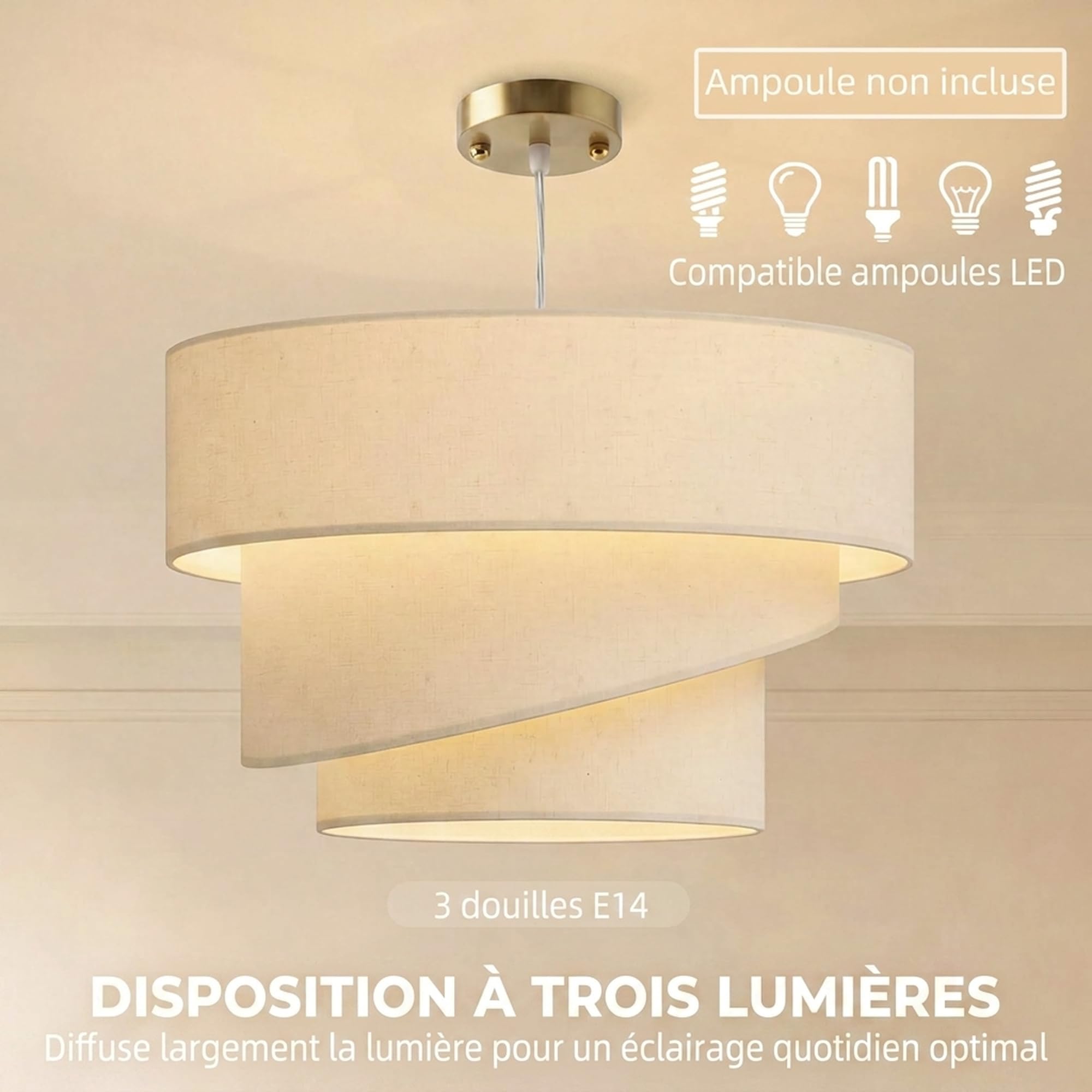 HOMCOM Suspension Luminaire à 3 Abat-Jour Effet Lin, Rosace Dorée