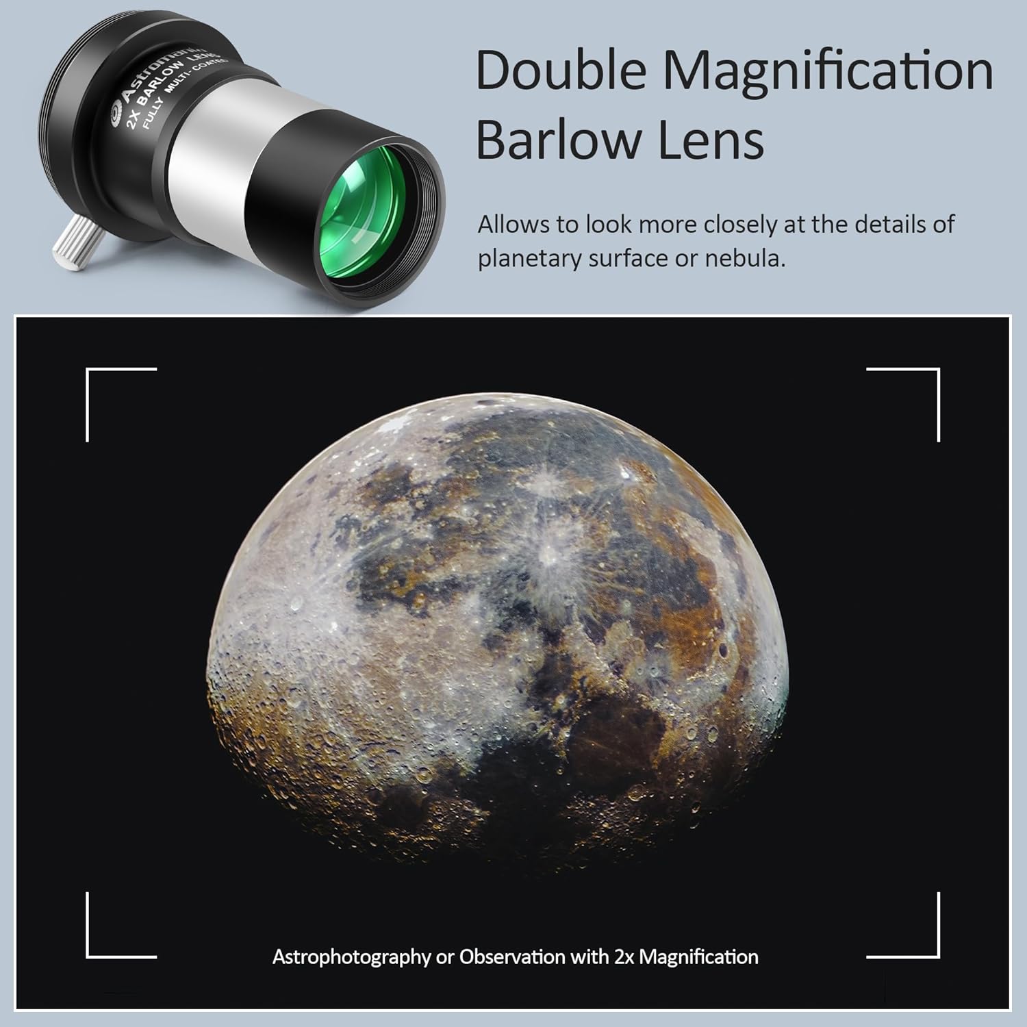 Astromania 2X Barlow Lens Upgraded 1.25 inch Metal Fully Multi Coated Telescope Accessory with M42 Thread Camera Connect Interface for Telescope Eyepiece, Telescope Barlow Lens with Filter Thread