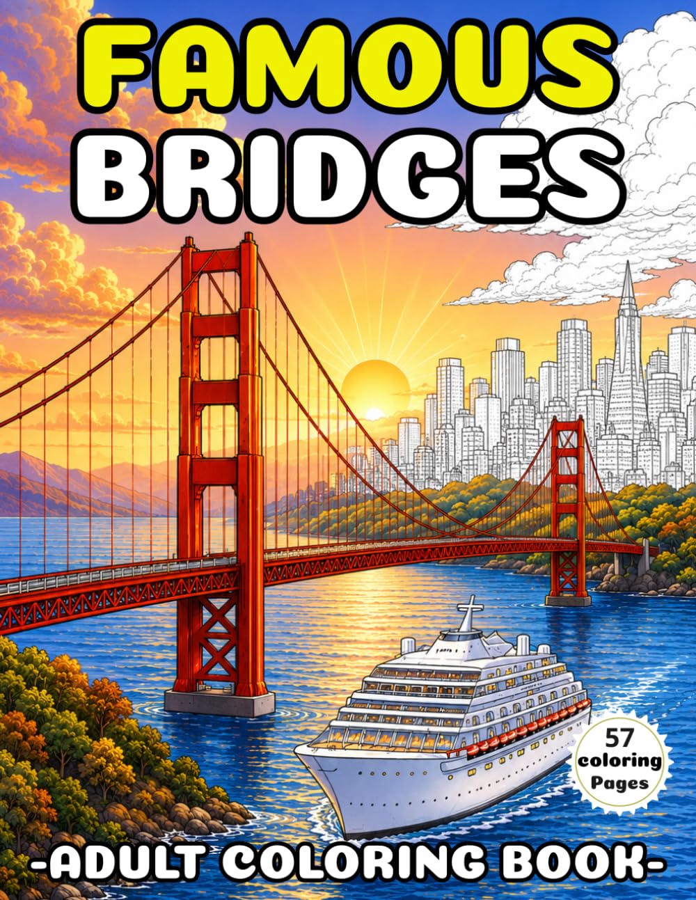 Famous Bridges Coloring Book for Adults: 57 coloring pages of Iconic Bridges, Modern City Skylines, and Beautiful Travel Scenes ,