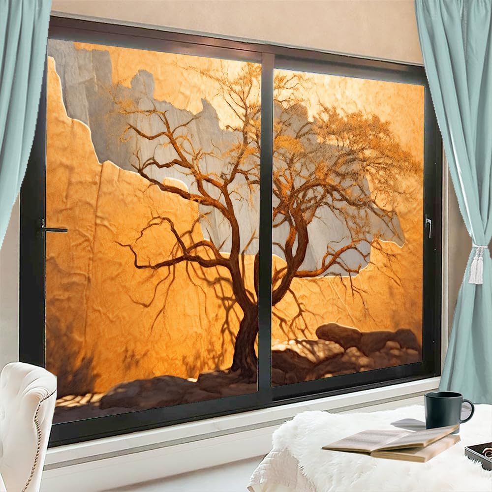 Vintage Abstract Tree Window Privacy Film Autumn Withered and Yellow Trees Stained Glass Window Film Decorative Window Cling for Home Window&Glass Door, Sun Blocking 31.5Wx47.2L-inch x2 Pcs