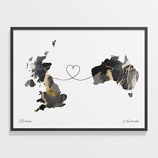 Britain to Australia Print, Australian Marble Two Countries Map Poster, UK Wall Art, Farewell Gift