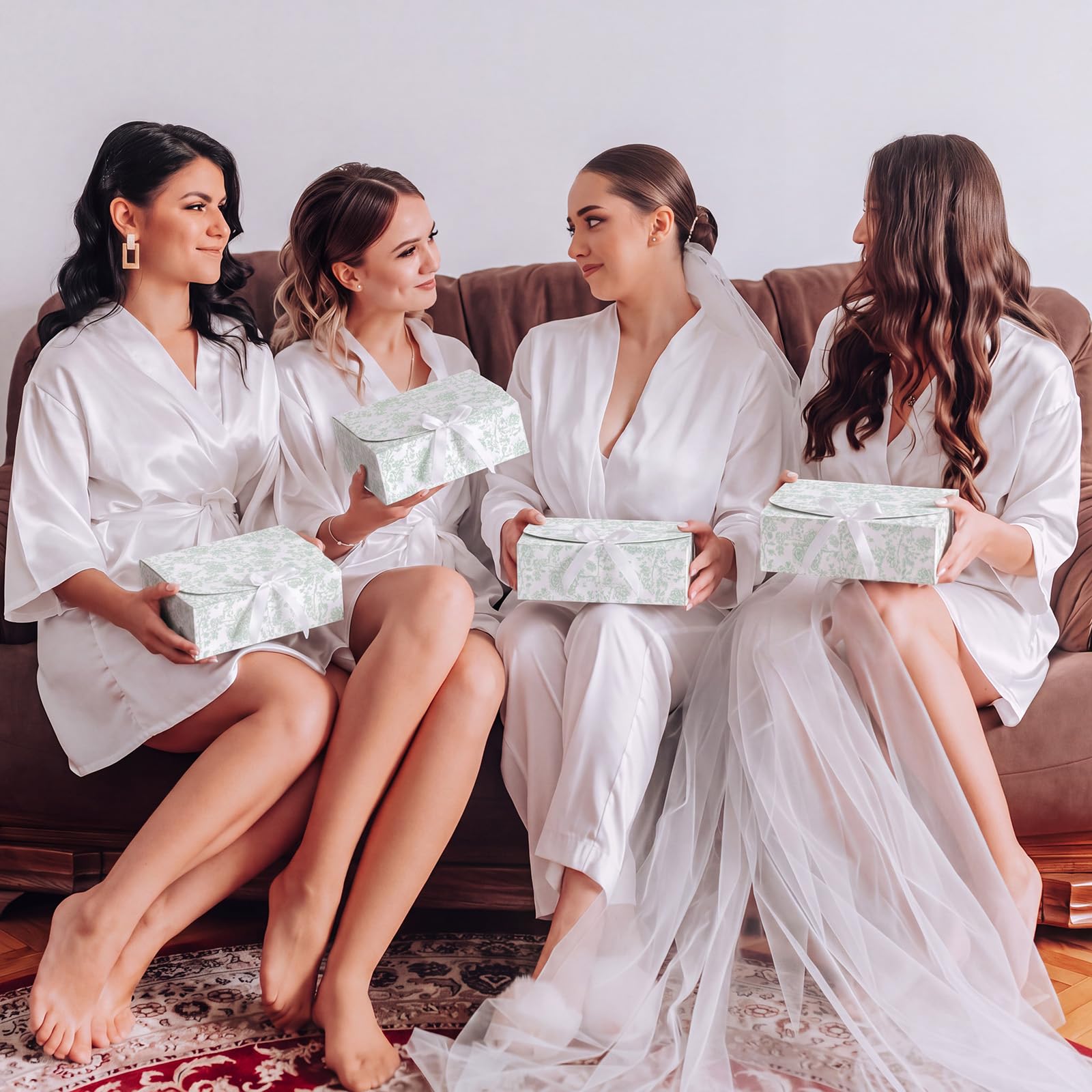 Kolldenn Confezione da 8 scatole regalo verdi floreali per proposte di damigella d'onore con coperchio a nastro, 20 x 26,9 x 8,1 cm, scatola di carta vuota per matrimoni, matrimoni, baby shower