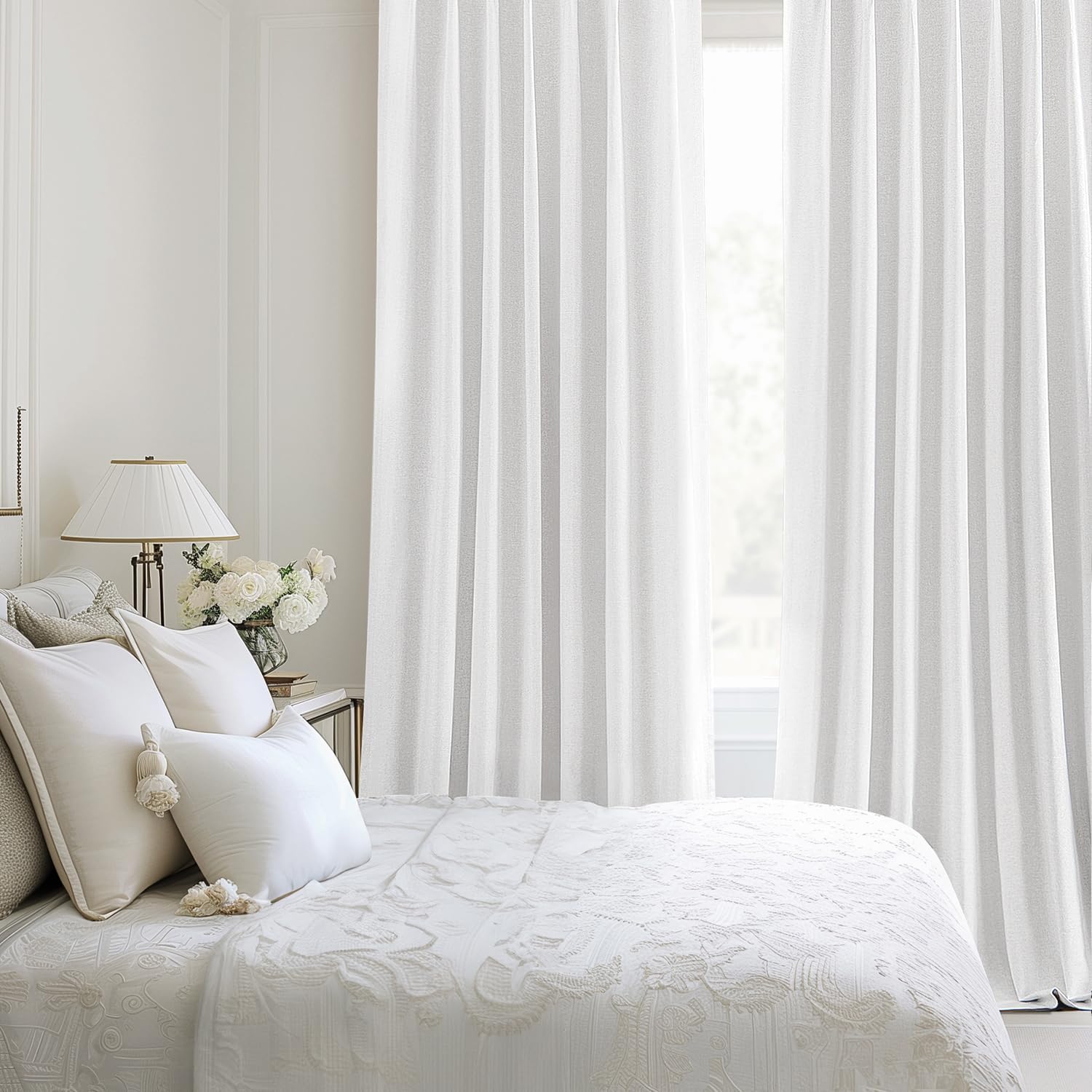 MIULEE Linen Pinch Pleated 100% Blackout Curtains for Bedroom 84 Inch Long 2 Panels Set - Back Tab Track Black Out Curtain for Living Room Darkening Triple Pleat Drapes with Hooks, White