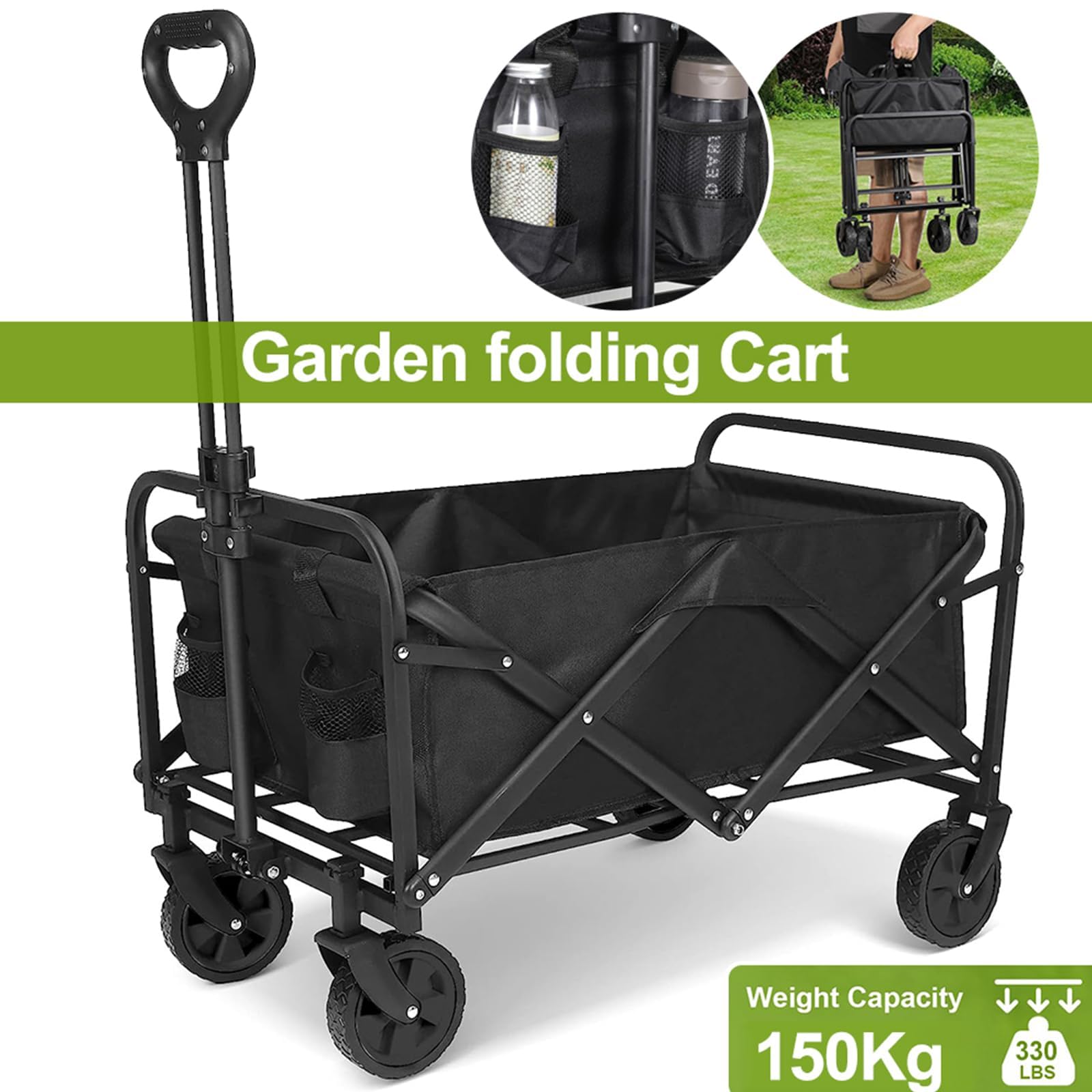 Carrello pieghevole da 200 l, grande capacità di carico, carrello da | Con freni e maniglia regolabile, robusto carrello a mano per campeggio, giardino, shopping, ruote fuoristrada, antistrappo