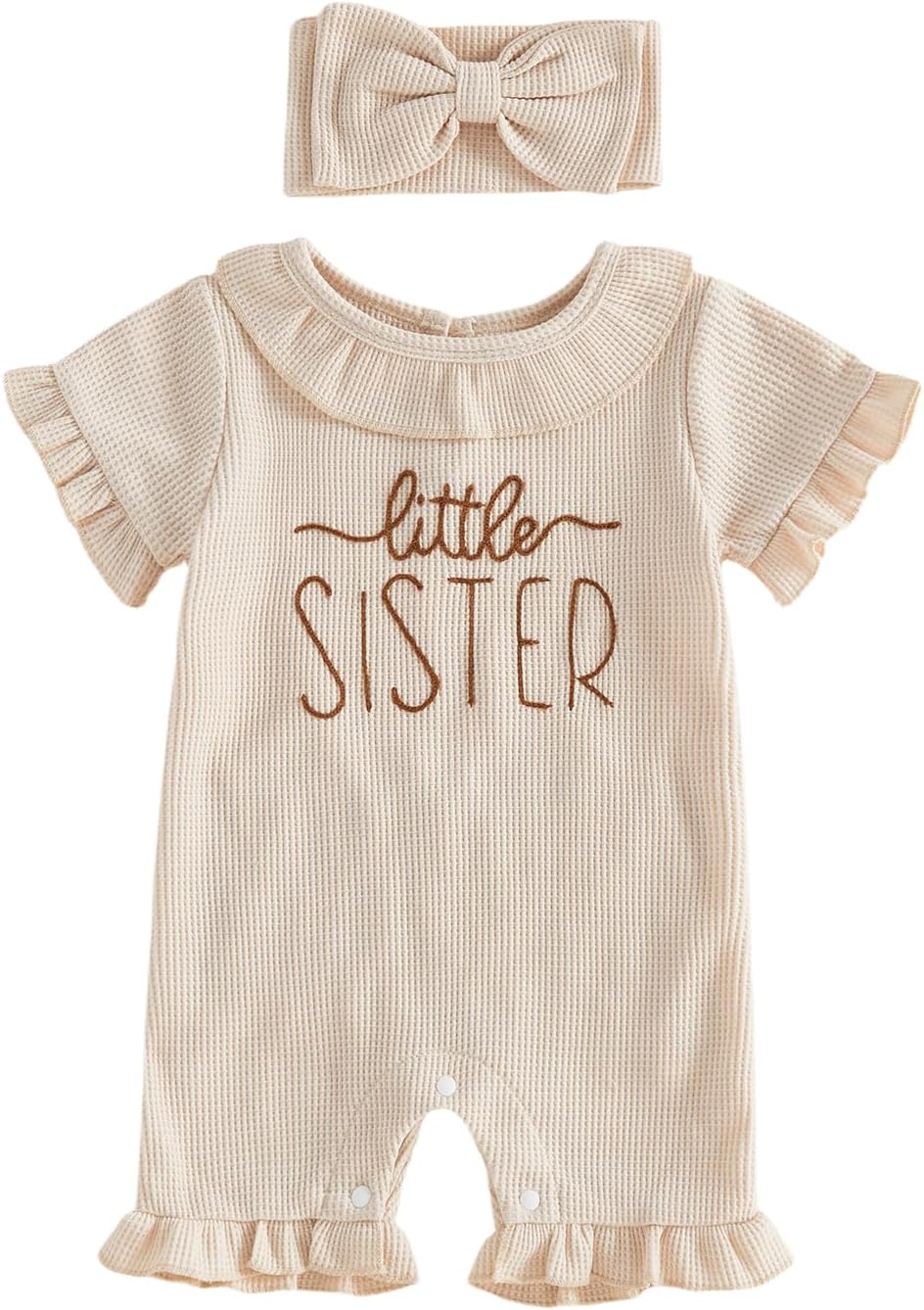 Newborn Baby Girl Summer Outfit Romper Hi I'm New Here Embroidery Ruffle Jumpsuit Infant Waffle Knit Clothes