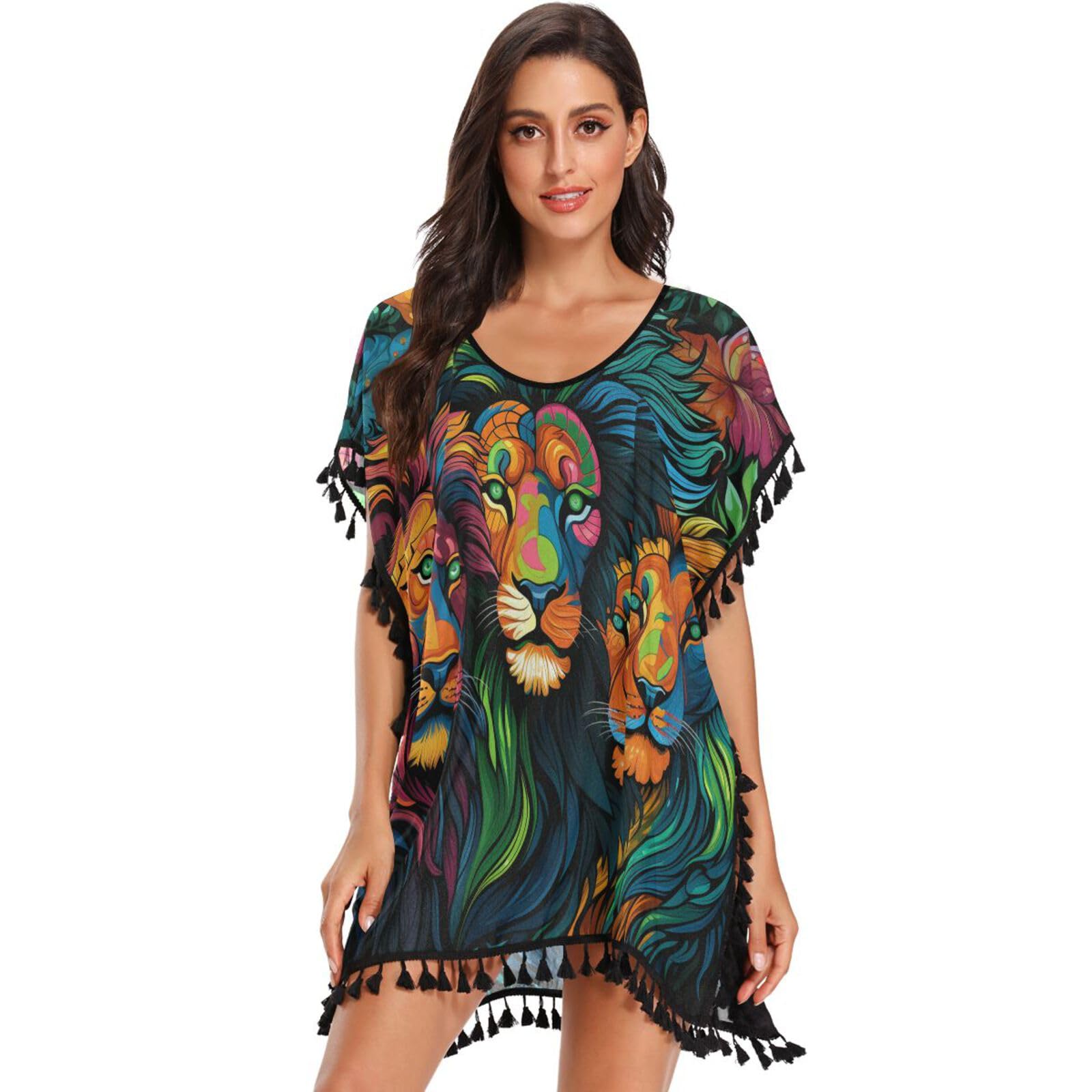 Colorful Art Lions Women's Beach Cover Up Chiffon Tassel Swimwear Swimsuit Coverups for Girl