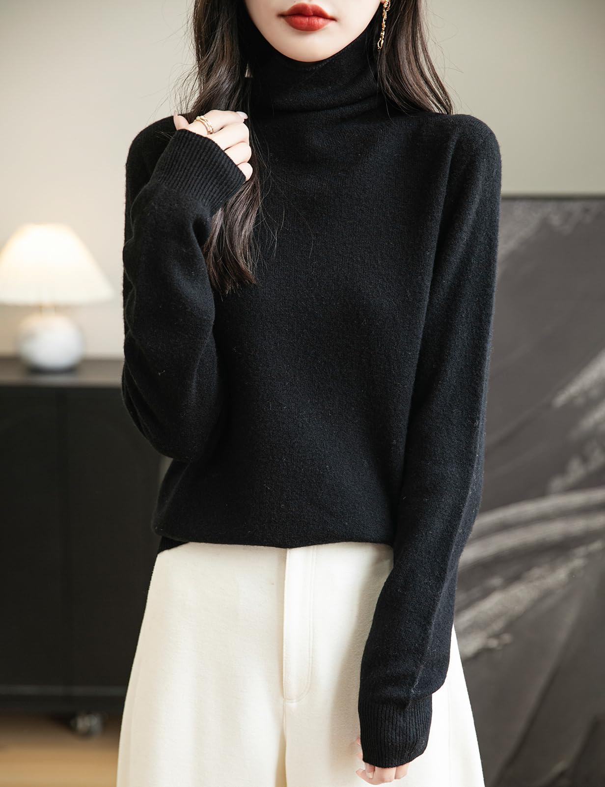 Chanyarn Maglione da Donna in 100% Lana Merino Leggero Collo Alto Lavorato a Maglia Senza Cuciture a Maniche Lunghe Tops