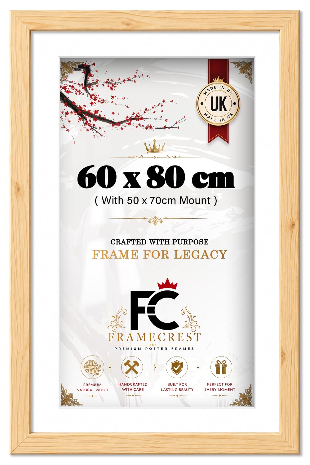 FRAMECREST LTD - 60 x 80 cm Photo Frame With 70 x 50 cm White Mount, Wall Photo Frame For Living Room And Office, Matted Picture 60x80 For Posters, Gallery Walls Display, Landscape Ready - [Pine] — image 1