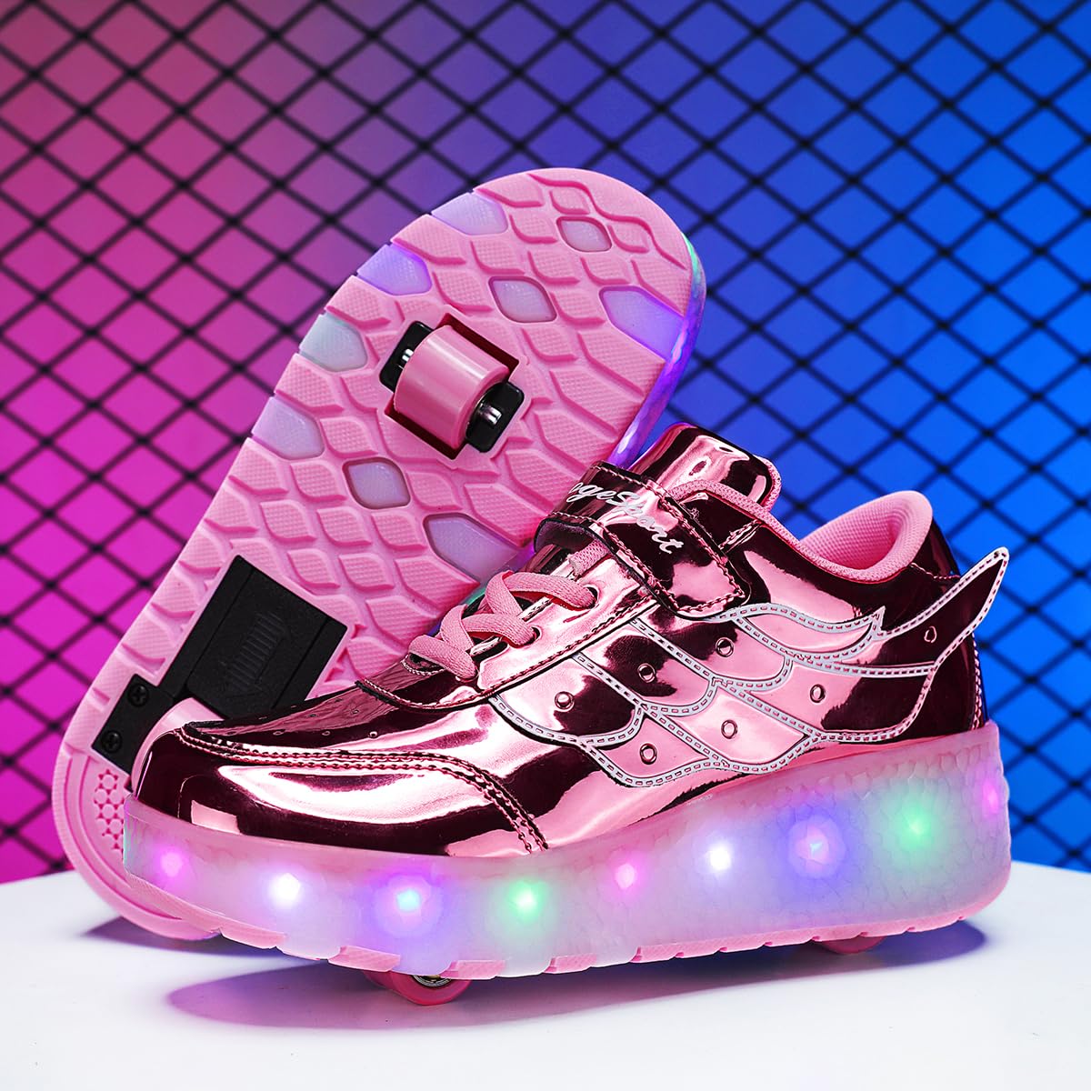 Unisex Kids Boys Girls LED Trainer,LED Light-UP Roller Skates Shoes,7 Colors Light,USB Rechargeable,Double Wheels, Retractable/Lightweight Outdoor Sports Cross Shoes Gymnastic Running Sneakers