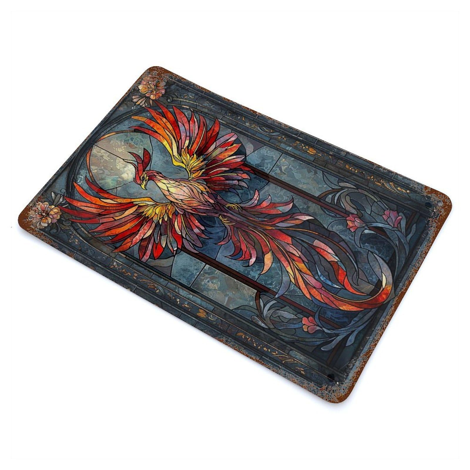 Stained Glass Phoenix 11.8"x7.9" Rustic Tin Plaque, Industrial Home Decor for Farmhouse, Kitchen And Entryway Decor