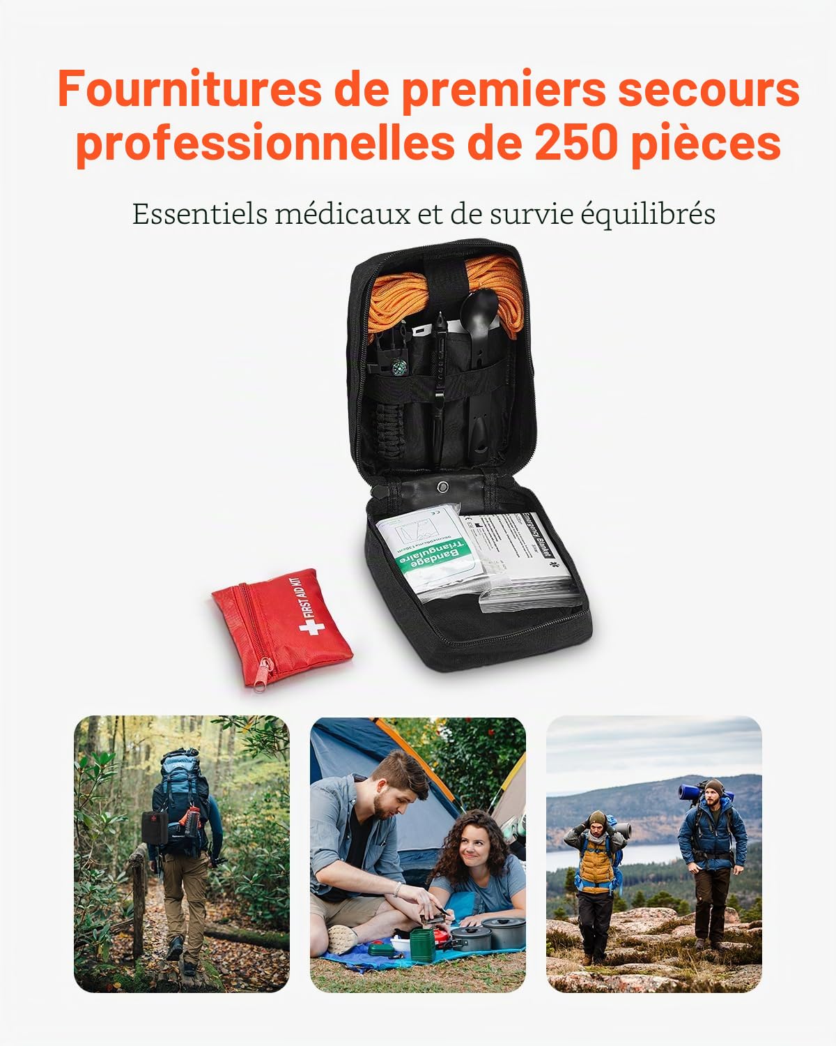 VEVOR Trousse Premiers Secours en Nylon 600D Kit Sac de Survie 250 PCS Fournitures Médicales d'urgence, Tissu Résistant, pour Camping, Bateau, Voyages, Randonnée, Chasse, Aventure en Plein Air, Noir