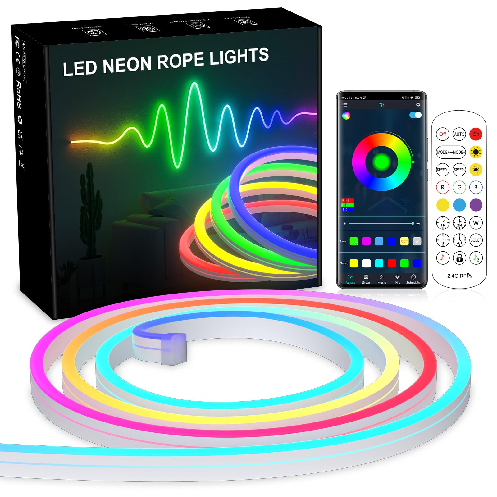 Striscia LED Neon 15m RGB Impermeabile IP65 - Controllo App E Telecomando, Flessibile Con Sincronia Musicale Per Gaming, Camera E Outdoor