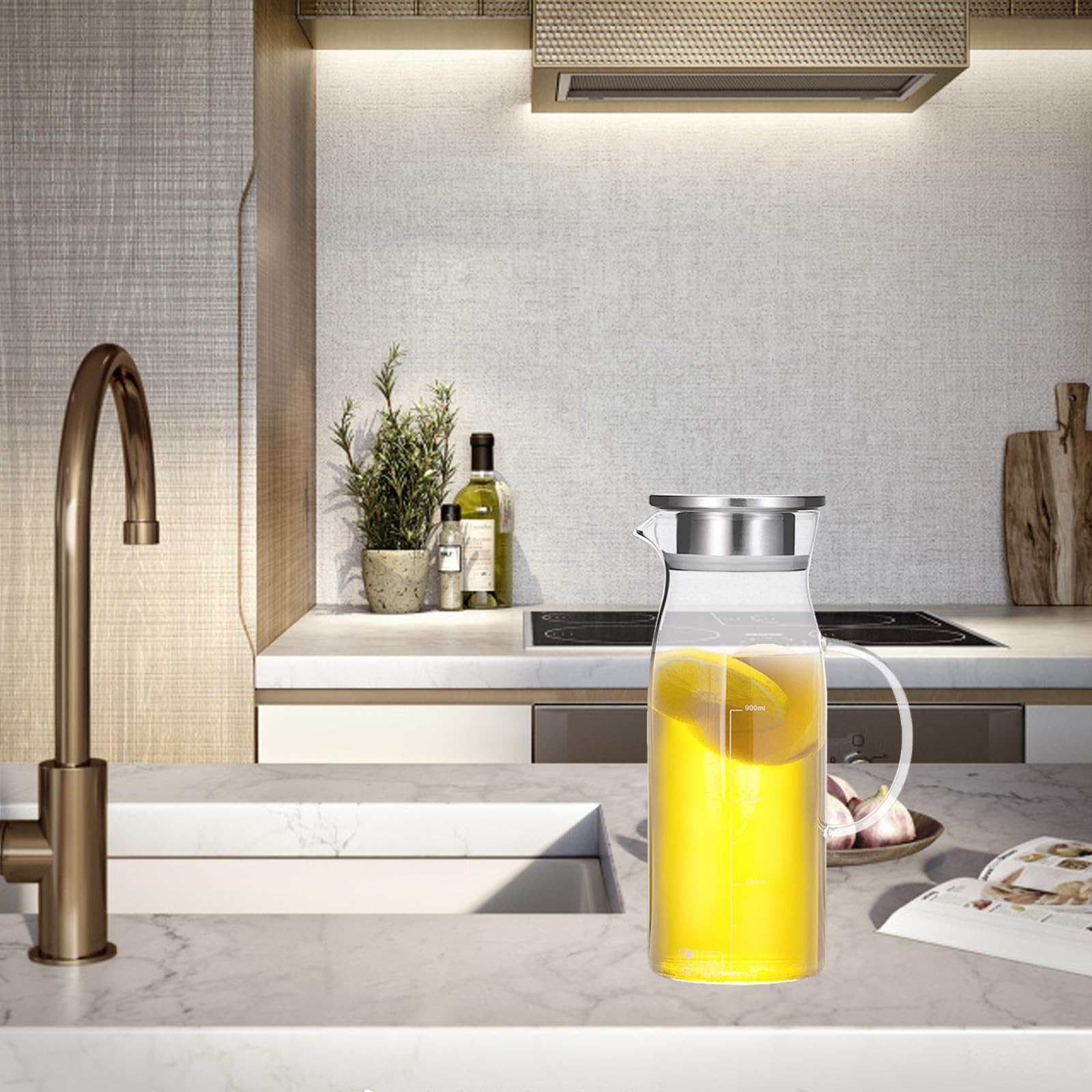Jarra de Vidrio Transparente de 1200ml Tapa de Acero Inoxidable | Apta para Té Caliente, Bebidas Caseras y Zumo, Diseño Sencillo y Práctico, Fácil de Guardar