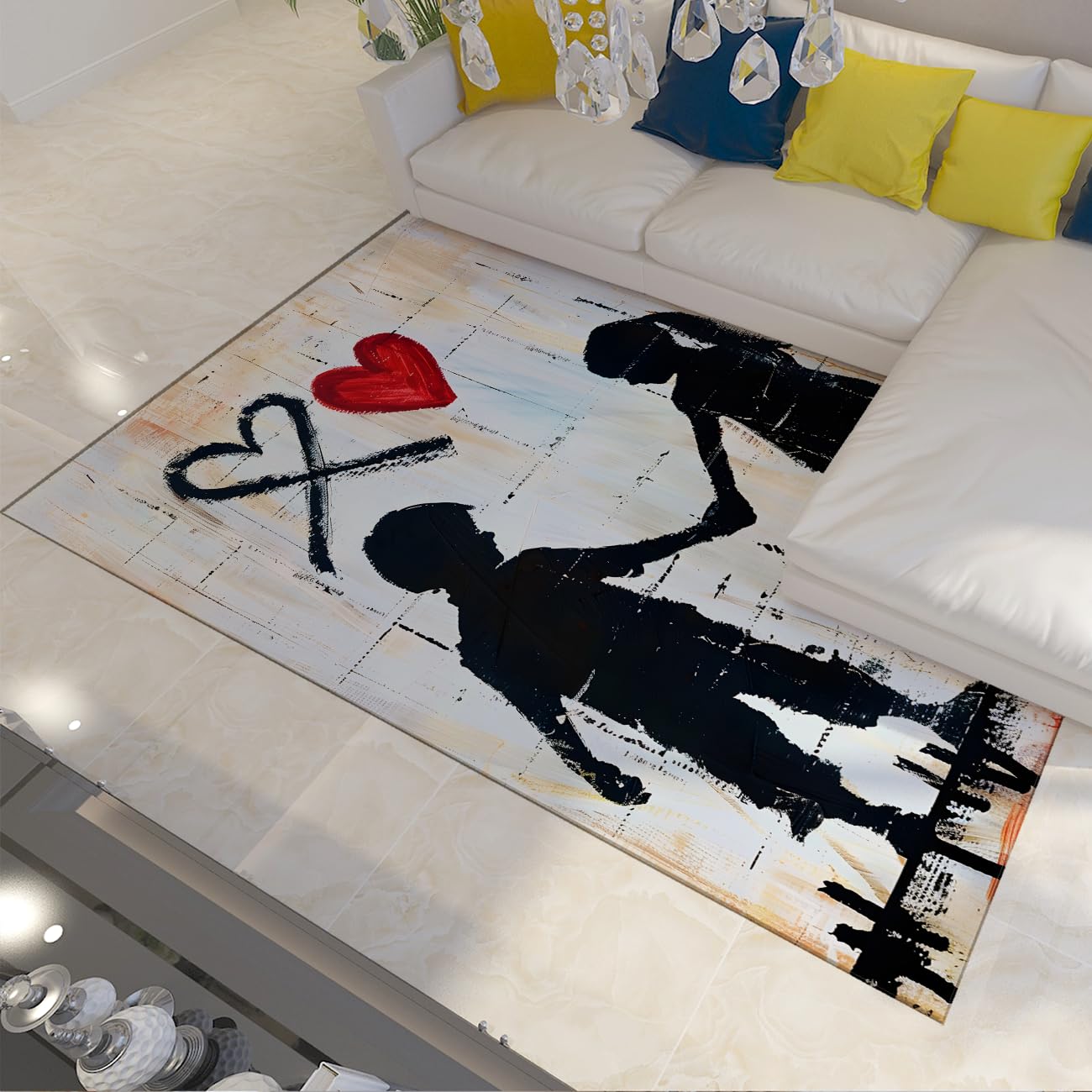 Tapis rétro noir et blanc idéal pour un salon de couple minimaliste et moderne