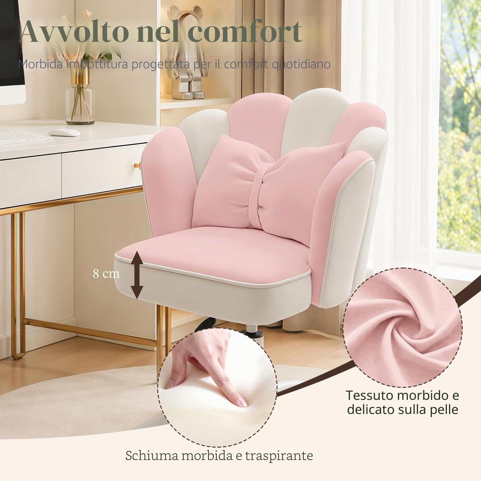 Sedia Vanity Velluto Petalo - Sedia da Scrivania Moderna Imbottita e Trapuntata con Schienale,Sedia da Ufficio Regolabile in Altezza per Camera da Letto e Soggiorno(Rosa e Bianco)