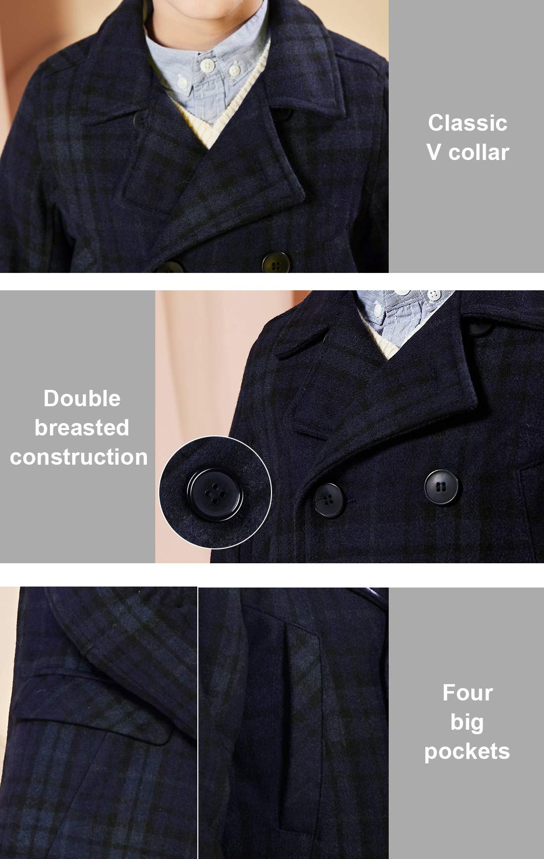SOLOCOTE Niños Invierno Lana Blend Abrigo de guisante Niños Cuello con muescas Doble Pechera alargada Abrigo trench