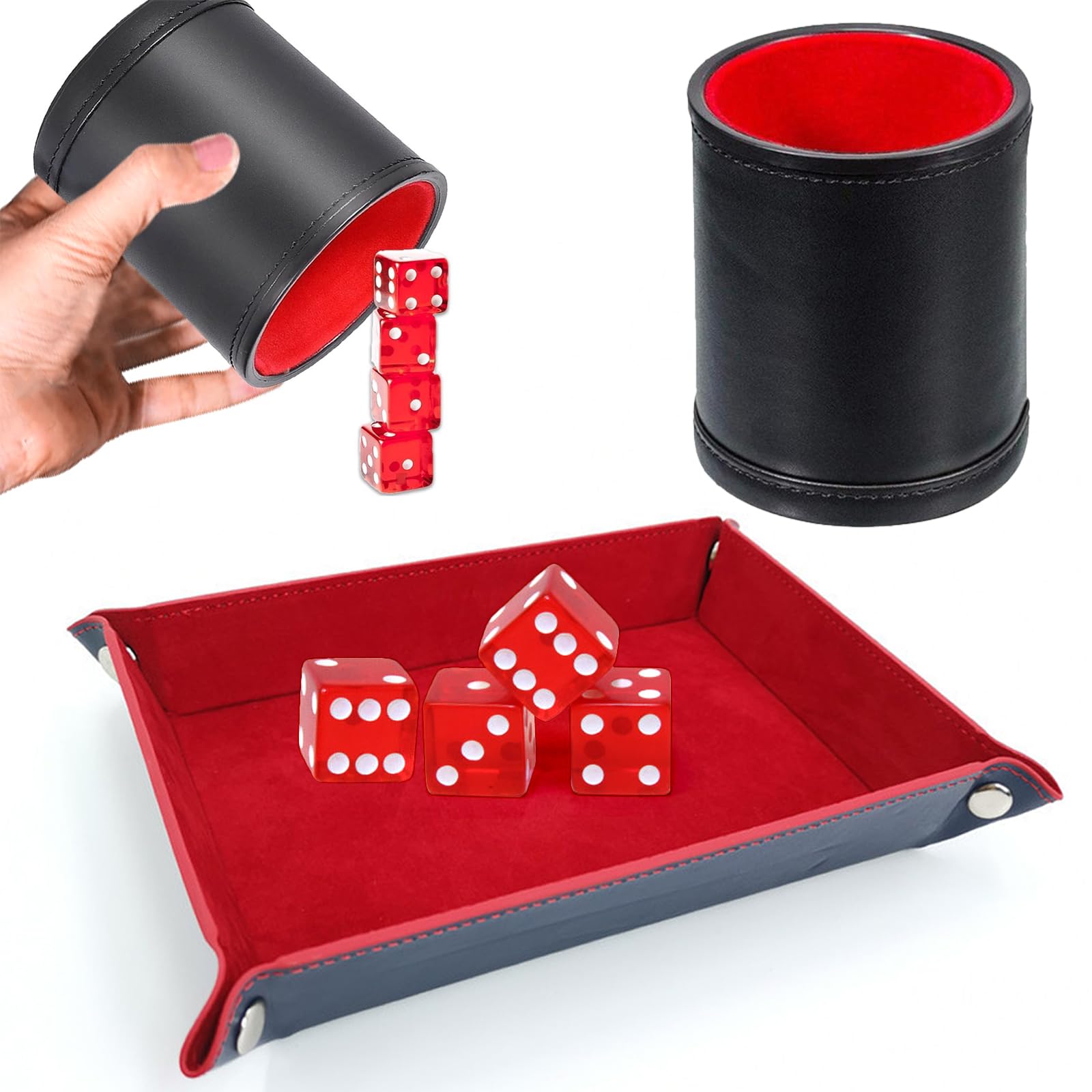 Cubilete Dados, Cubiletes Dado de Cuero, Taza Dados Profesional Tranquilo con 1 Bandeja Dados Plegable 5 Dados para Juegos de Dados, Cubiletes Dados Portátil para Fiesta Bar Viaje Cámping