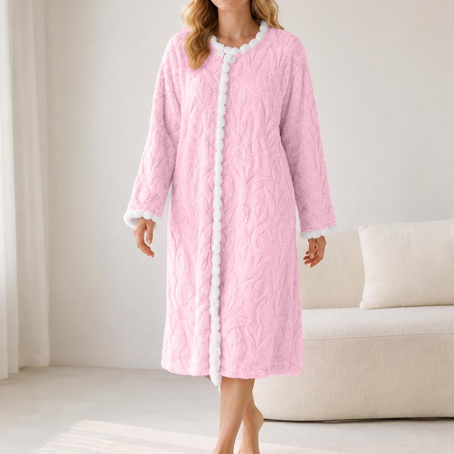 Women Fall Winter Nightgown Crew Neck Button Coral Fleece Nightgown