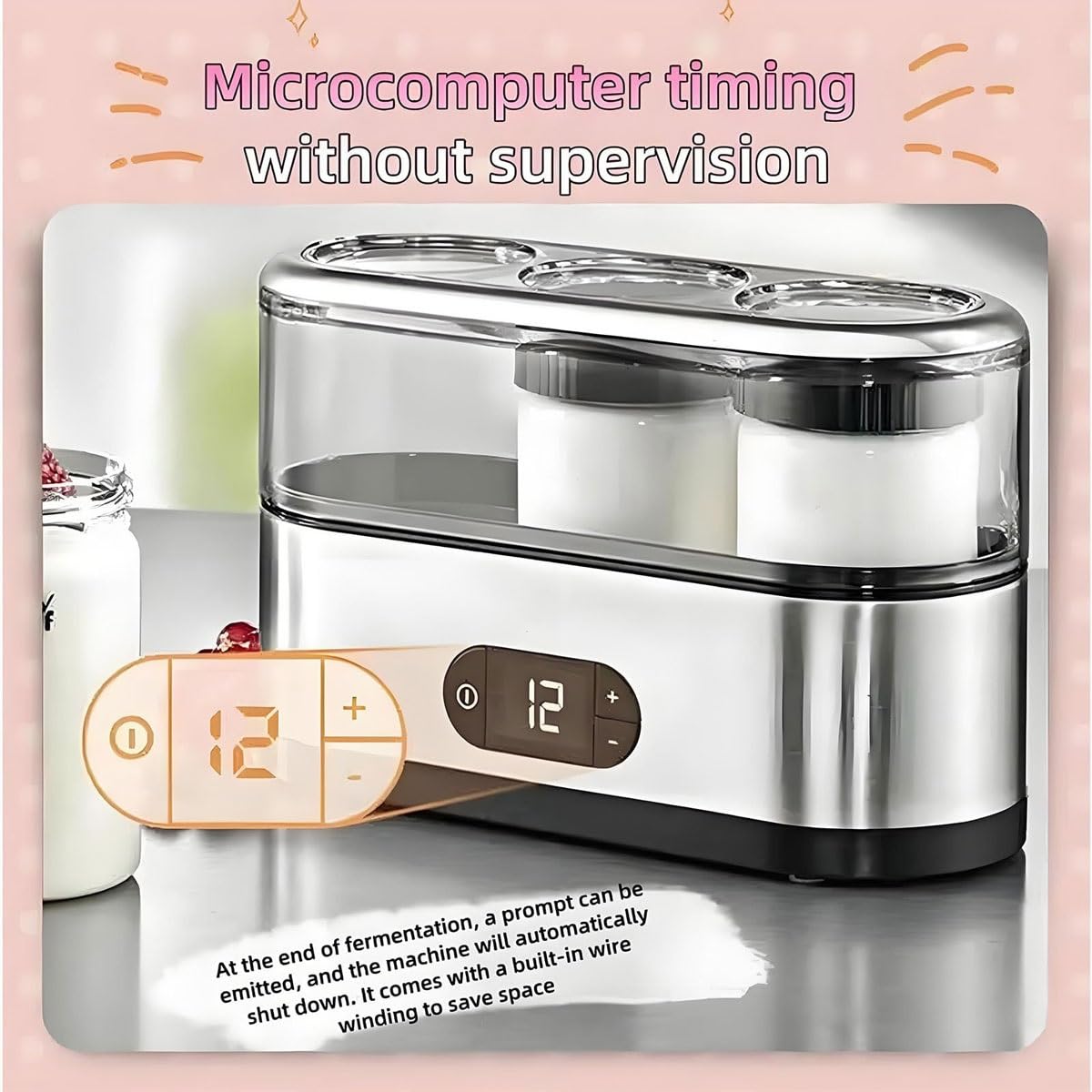Automatyczna cyfrowa maszyna do jogurtu – 3 x 150 ml, elektryczne automatyczne maszyny do jogurtu z wyświetlaczem LCD, temperatura fermentacji 42°C, miniaturowa przenośna maszyna do produkcji jogurtu