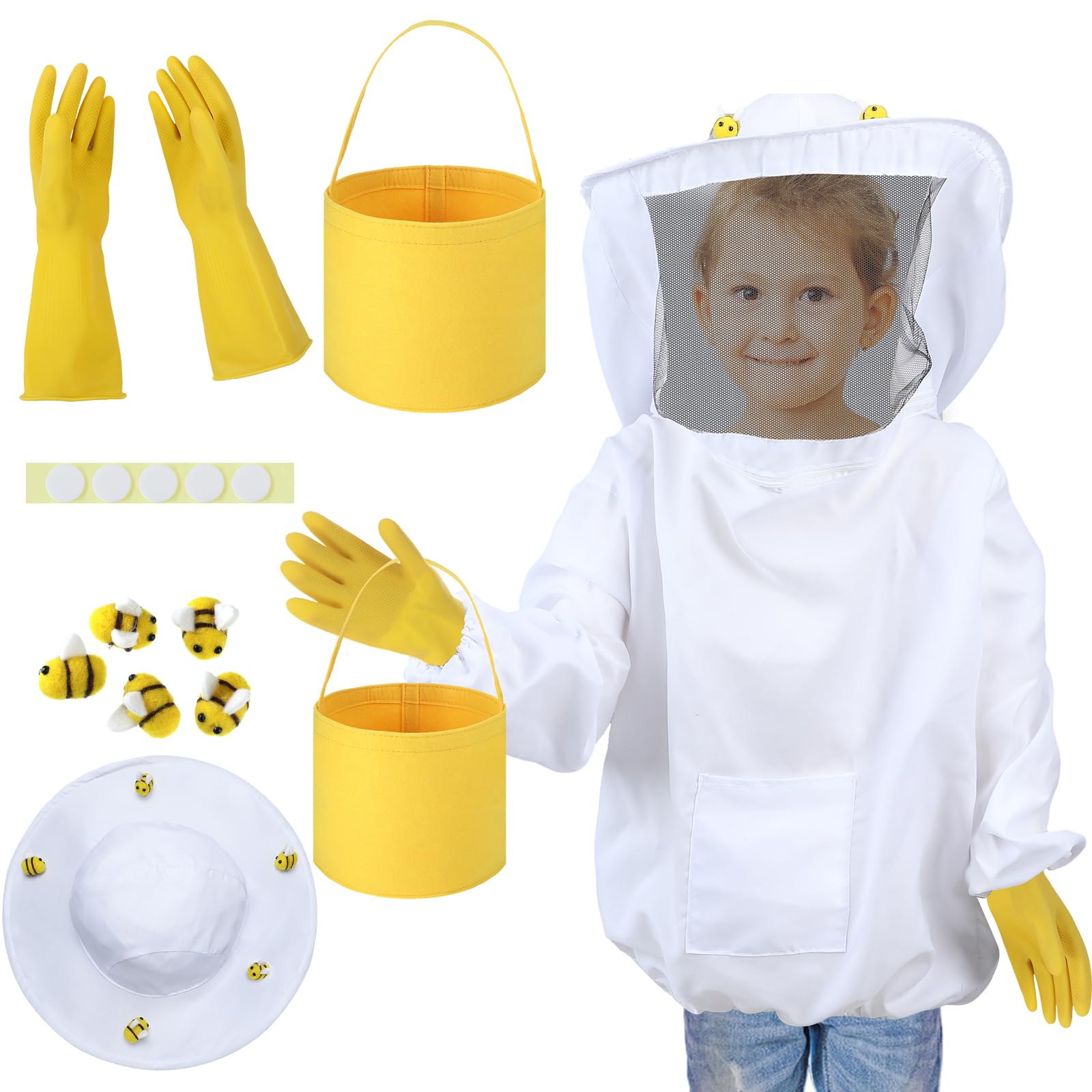 Jiuguva 13 Pcs Beekeeper Set Includes 1 Beekeeper Jacket 5 Pcs Wool Felt Bees 5 Pcs Round Double Sided Tape 1 Beekeeping Gloves 1 Felt Bucket for Children Beekeeping Supplies Halloween (Medium)