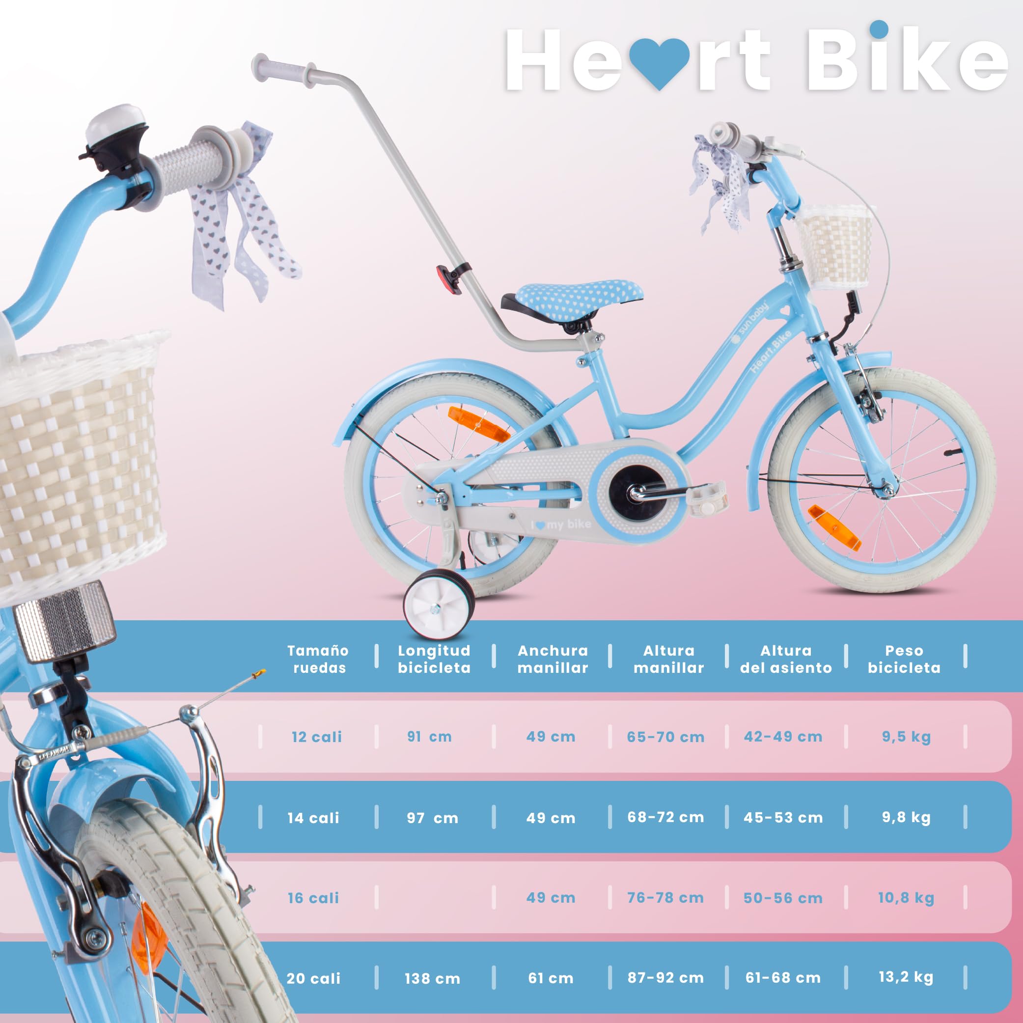 sun baby Bicicleta para niñas Heart Bike, tamaño de Rueda 12 14 16 Pulgadas, con Barra de Empuje Desmontable, Bicicleta Infantil para niñas de 2 a 6 años — view 8