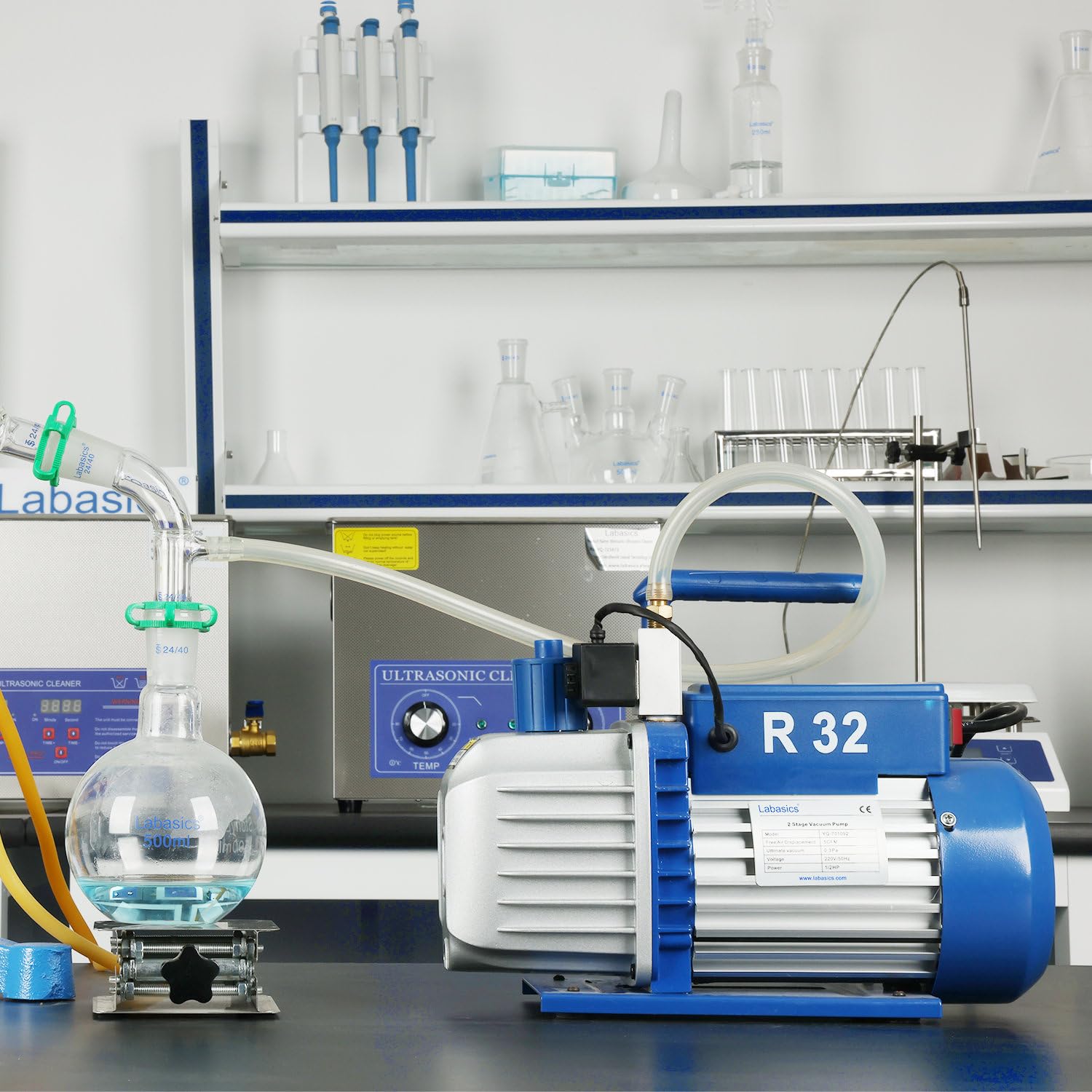 Labasics Pompe à Vide Bistade à Palette Rotative avec Fonction Antidéflagrante R32, Vide Ultime 10-15 Pa, 220 V, Débit 2,5 CFM, 70 L/Min, pour Expériences et Maintenance d’Instruments de Laboratoire