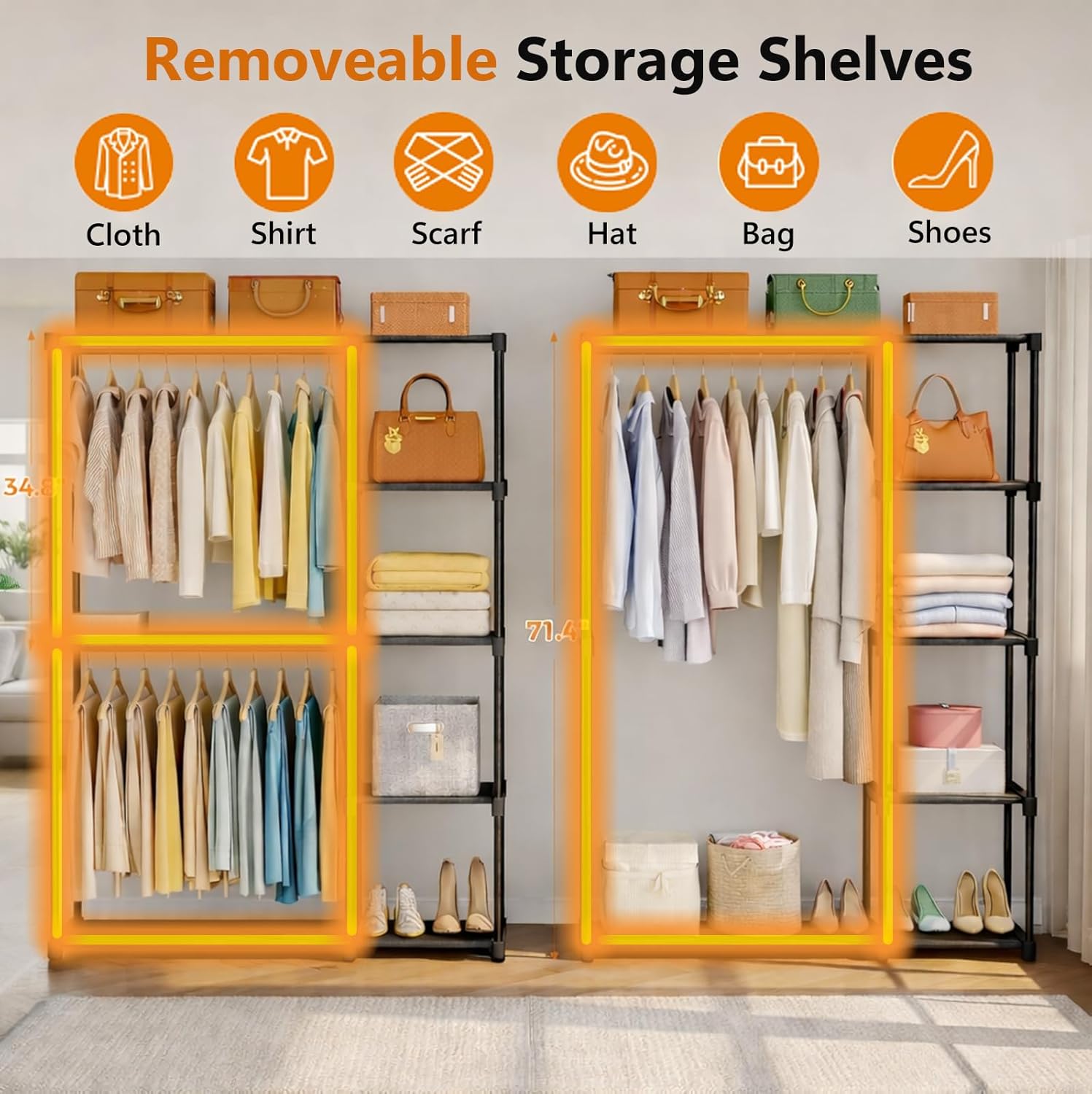 Simple Deluxe Rolling Clothes Rack, Heavy Duty Clothing Rack, 4-Shelf Portable Adjustable Wardrobe Closet with Wheels, Hanging Rods, 43.8" W x 15.7" D x 64.9" H, Black