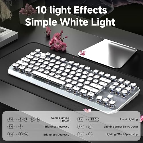 Miniatura 6 de EWEADN TK940 - Teclado mecánico inalámbrico de máquina de escribir blanco, 87 teclas, interruptores azules trimodo, teclados retroiluminados